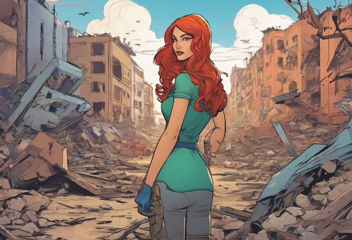 Mulher de gengibre em cosplay do Homem-Aranha, Scene of destroyed buildings, alien invasion