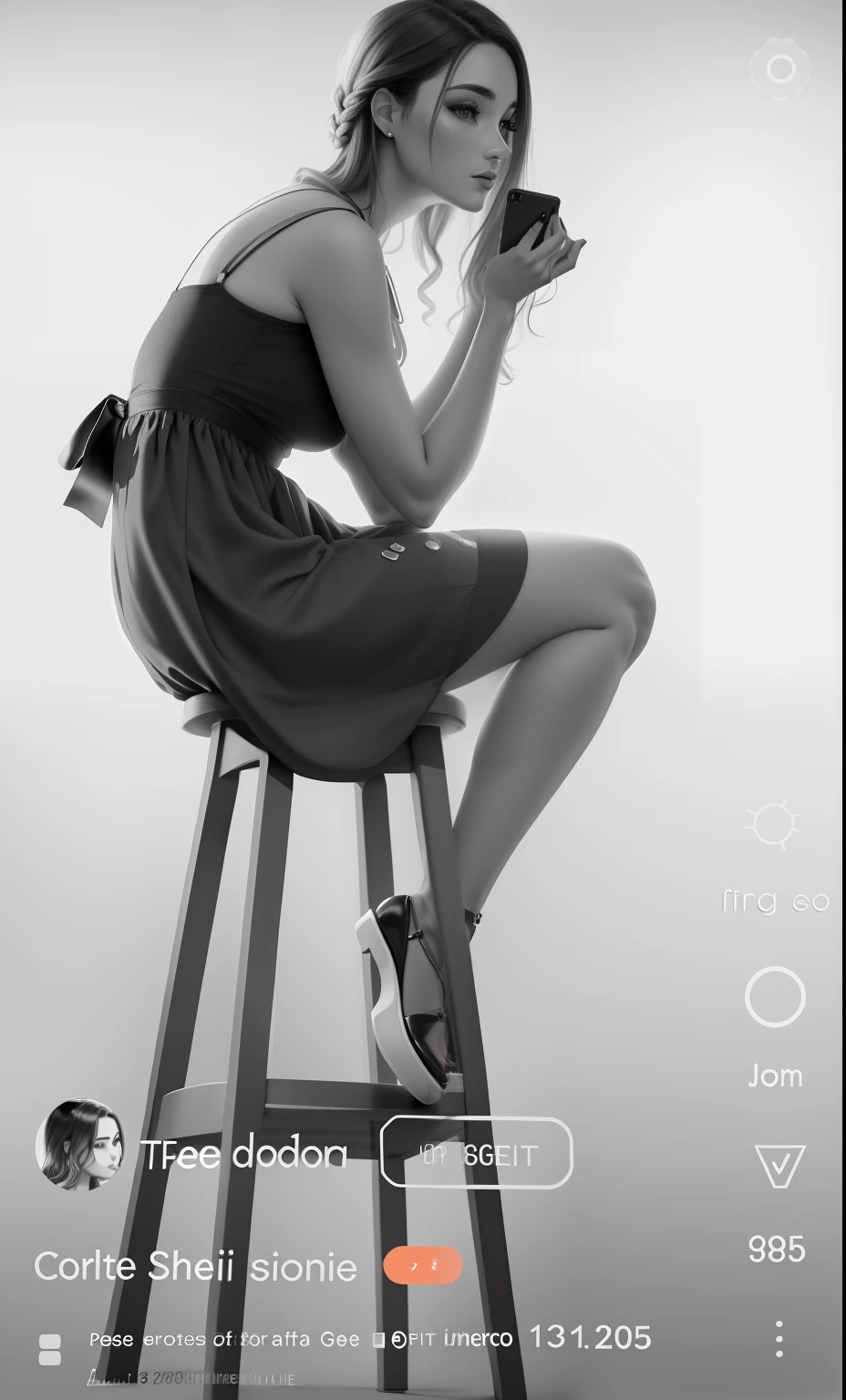 Arafed photo of a woman sitting on a stool with a cell phone, sentado en un taburete, filtro blanco y negro, b&w photo, 8K Fashion Photo Shoot, Foto de portada, photo session, Foto muy precisa, Retrato vertical, desaturados!!, full body profile camera shot, Pose de glamour, Sentado en una silla, Efecto de color selectivo, Pose atractiva, full color