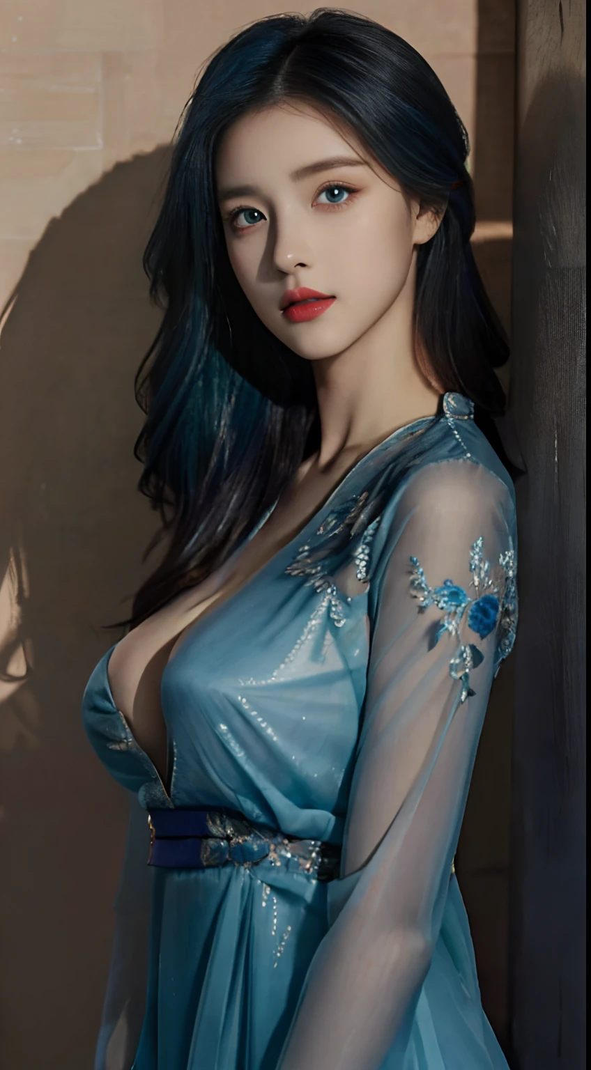 (Hyperrealistic), (illustration), (high resolution), (8K), (Extremely detailed), (Best Illustration), (Beautiful detailed eyes), (Best quality), (Ultra-detailed), (Masterpiece), (the wallpaper), (Photorealistic), (Natural light), (rim lit), (Detailed face), (Highly detailed realistic skin textures), (Anatomically correct), (Solo), (1 girl), (high detailed realistic hair), (Blue hair:1.2), spiked hair, (Heterochromic eyes), (detailed green eyes), (Small moles under the eyes), (Realistic big breasts:1.5), (Exposed breasts:1.3), (Long legs), (Slender abs), (Dynamic pose), (Closed mouth:1.3), (traditional Hanfu attire), (Sheer clothes:1.5), NSFW,
