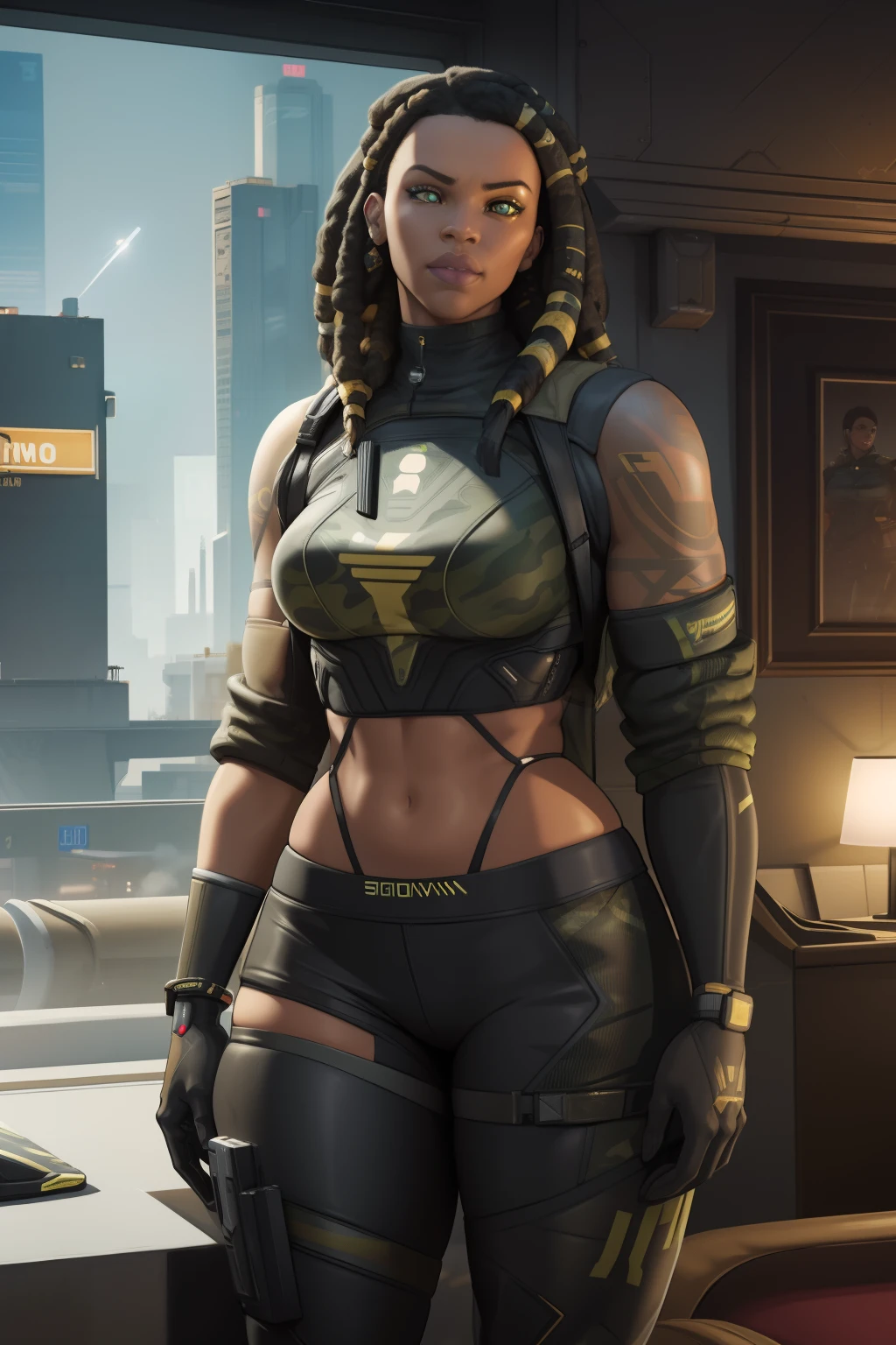 super high res, best quality, (photorealistic: 1.2), cinematic lighting, 23 year old very tall African American female who wears army camouflage clothing and is part of a team called the Crows, In addition she wears mirrored sunglasses and also has dreads in her hair (Cyberpunk 2020)