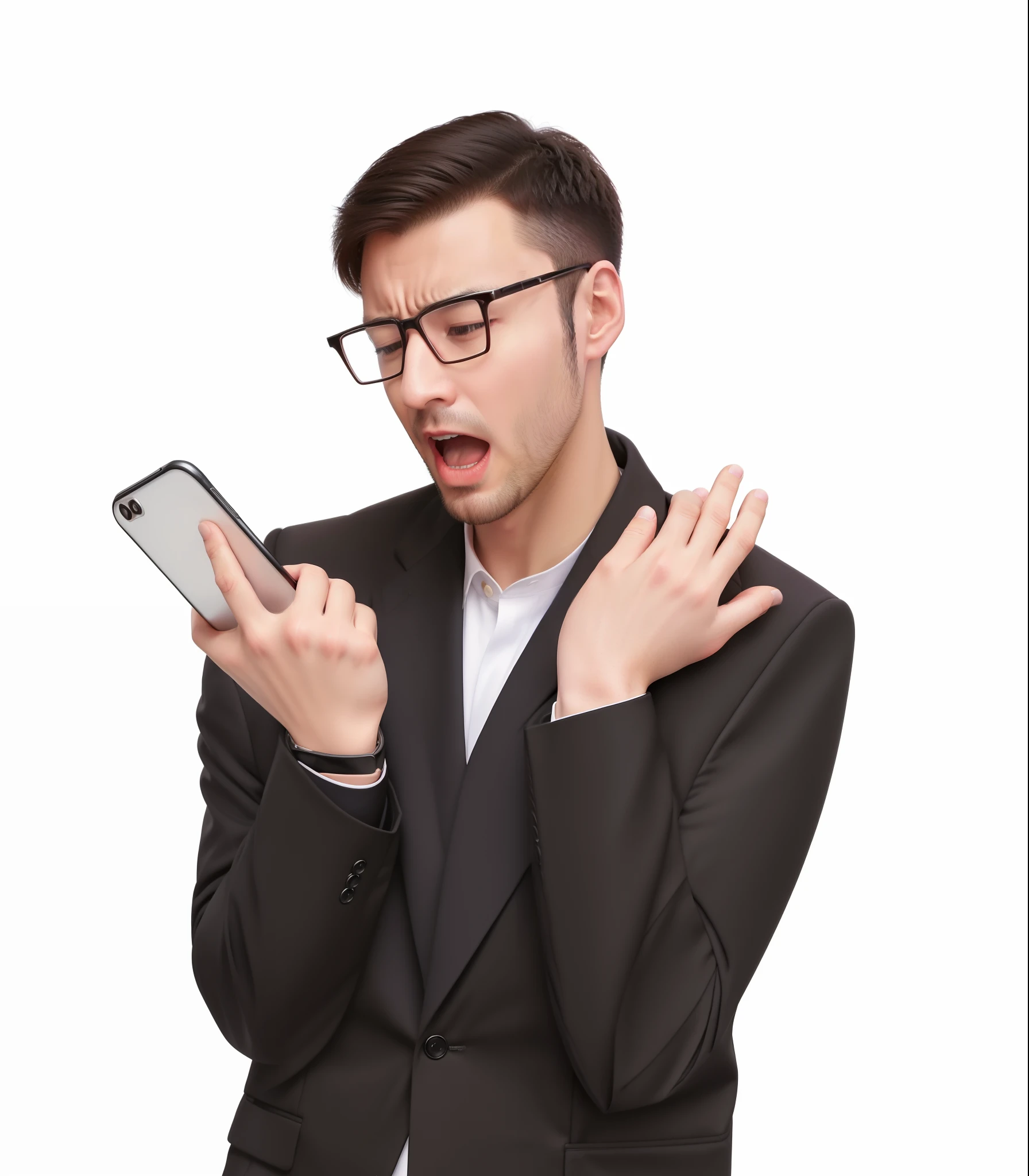 arafed man in a suit and glasses holding a cell phone, hold up smartphone, the man is screaming and sad, he is holding a smartphone, shutterstock, technological anguish, man screaming, looking at his phone, without text, by Joe Bowler, he is screaming, holding a very advance phone, no text!, mad man screaming, very dynamic