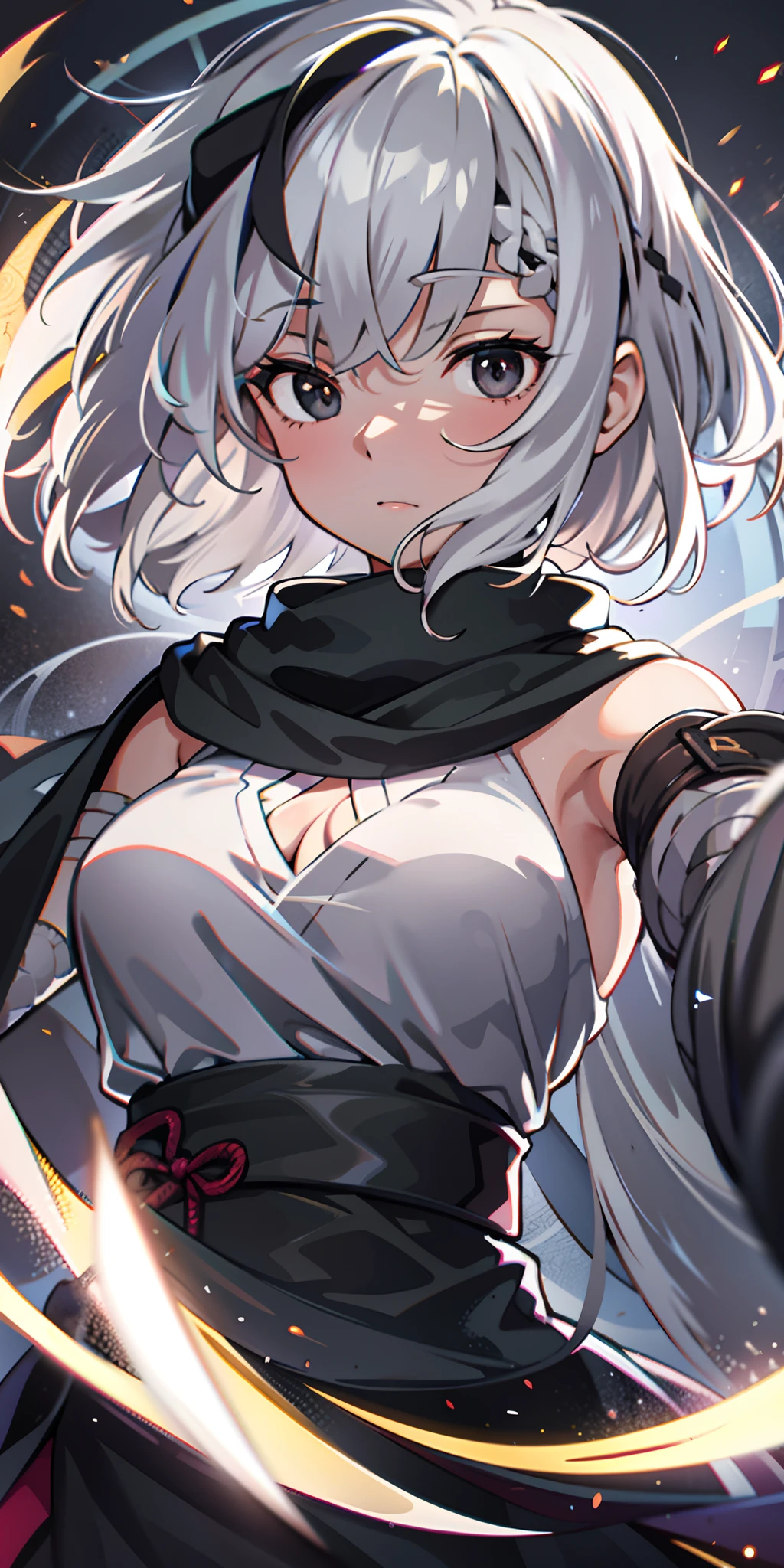 masterpiece, best quality, 1 solo girl, silver hair, yellow eyes, long hair, medium breasts, sexy body and face, wavy hair, smile, sleeveless sweater, scarf, black thigh-high, mini skirt, pendant, bracelet, jewelry, earrings, feather hair ornament, book, lying at the bed, night, sexy pose, cowboy shots, detailed body, face, and eyes, sharp focus, vibrant, creative, dynamic, high definition, high resolution, 8k, (Upscale: R-ESRGAN 4x+ Anime6mage enchance:4x), voluptuous body, cinema lightning, dakimakura style, looking at the viewer,