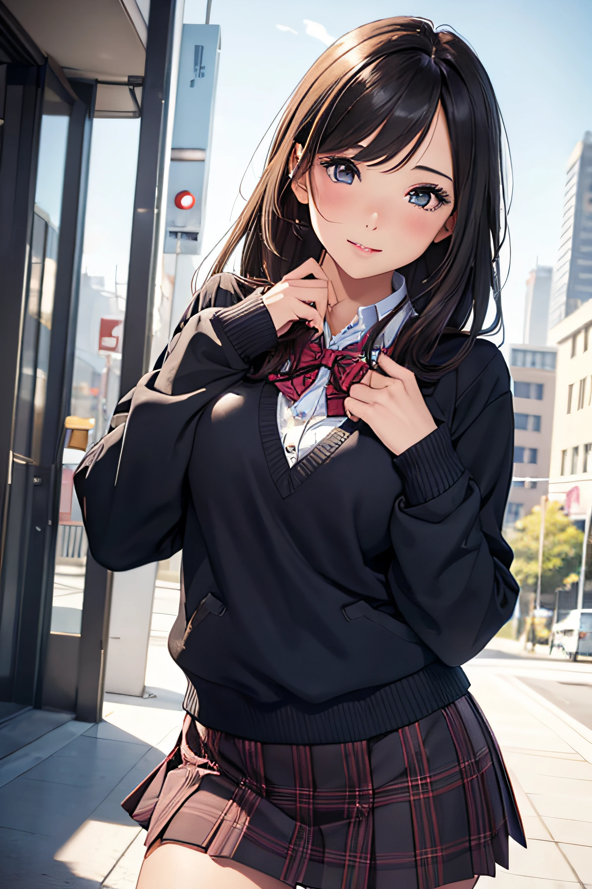 girl in school clothes, skirt, school sweater, medium breasts, cityscape, flirtatious look, ((very detailed)), (perfectly detailed face), (well detailed hand) photorealistic image.