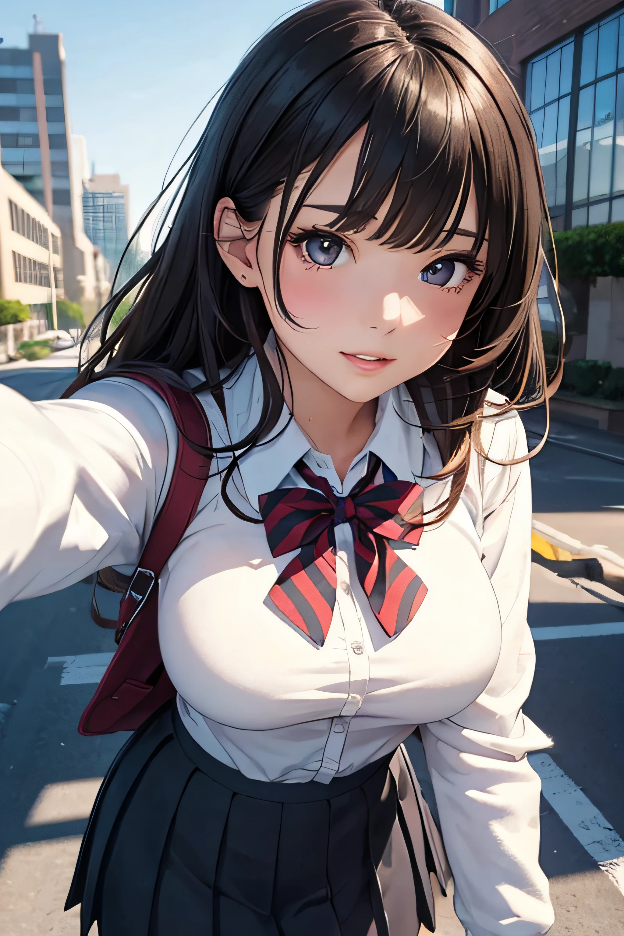 girl in school clothes, skirt, school sweater, medium breasts, cleavage, cityscape, flirtatious look, ((very detailed)), (perfectly detailed face), (well detailed hand) photorealistic image.