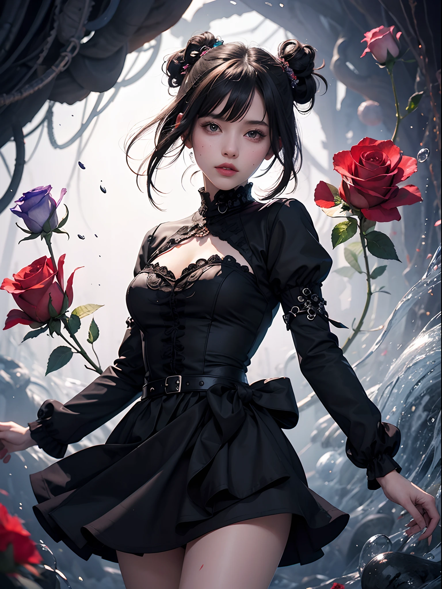 Unbeatable masterpiece, Ultra photo realsisim , Perfect artwork , Intricate details , Best quality , Strong light , High contrast , Dynamic pose , Dutch angle ,black tone,glitch,
(watercolor \(medium\):1.3), fussion of Fluid abstract art, color splashing,
(from side:0.8),
(1girl), (Harajuku Fashion), (black rose),
(black dress made of black rose), black flower,
in rose blossoms.