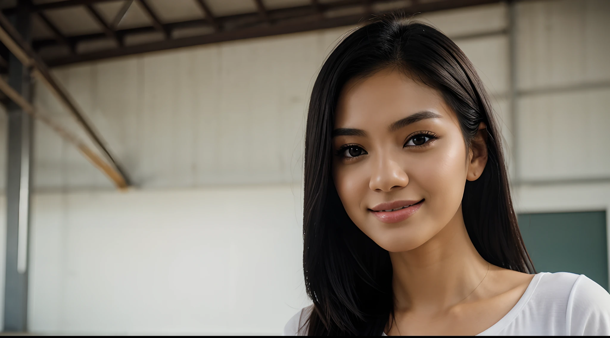 RAW Photo, DSLR BREAK (kkw-ph1:0.9) BREAK half body portrait of 1 young 20yo woman, black hair, wearing plain white t shirt, perfect eyes, perfect lips, perfect nose, professional color graded, wonderful woman, ecommerce background, warehouse background, cute woman, medium tits , smiling, filipina, pinay, filipino woman, rule of thirds shot