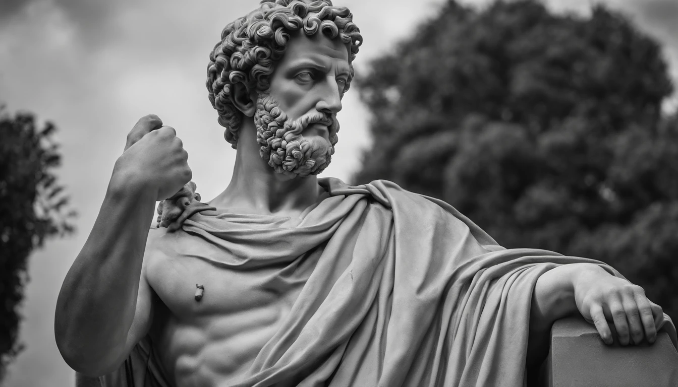 a statue of the stoic Marcus Aurelius in black and white 4K,Face de lado, papel de parede super realista, corpo forte, sem camisa, tronco forte