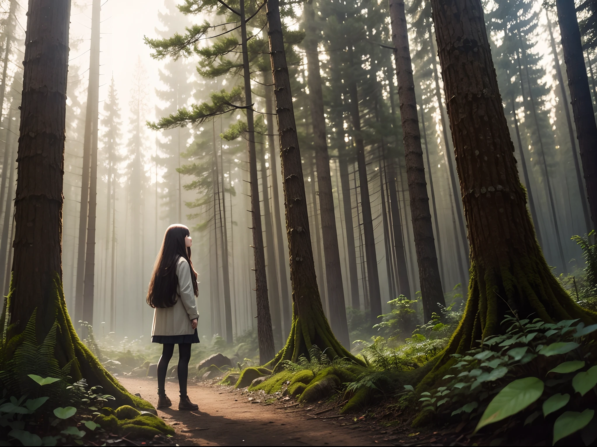 brunette girl with long hair standing in the forest the medium distance