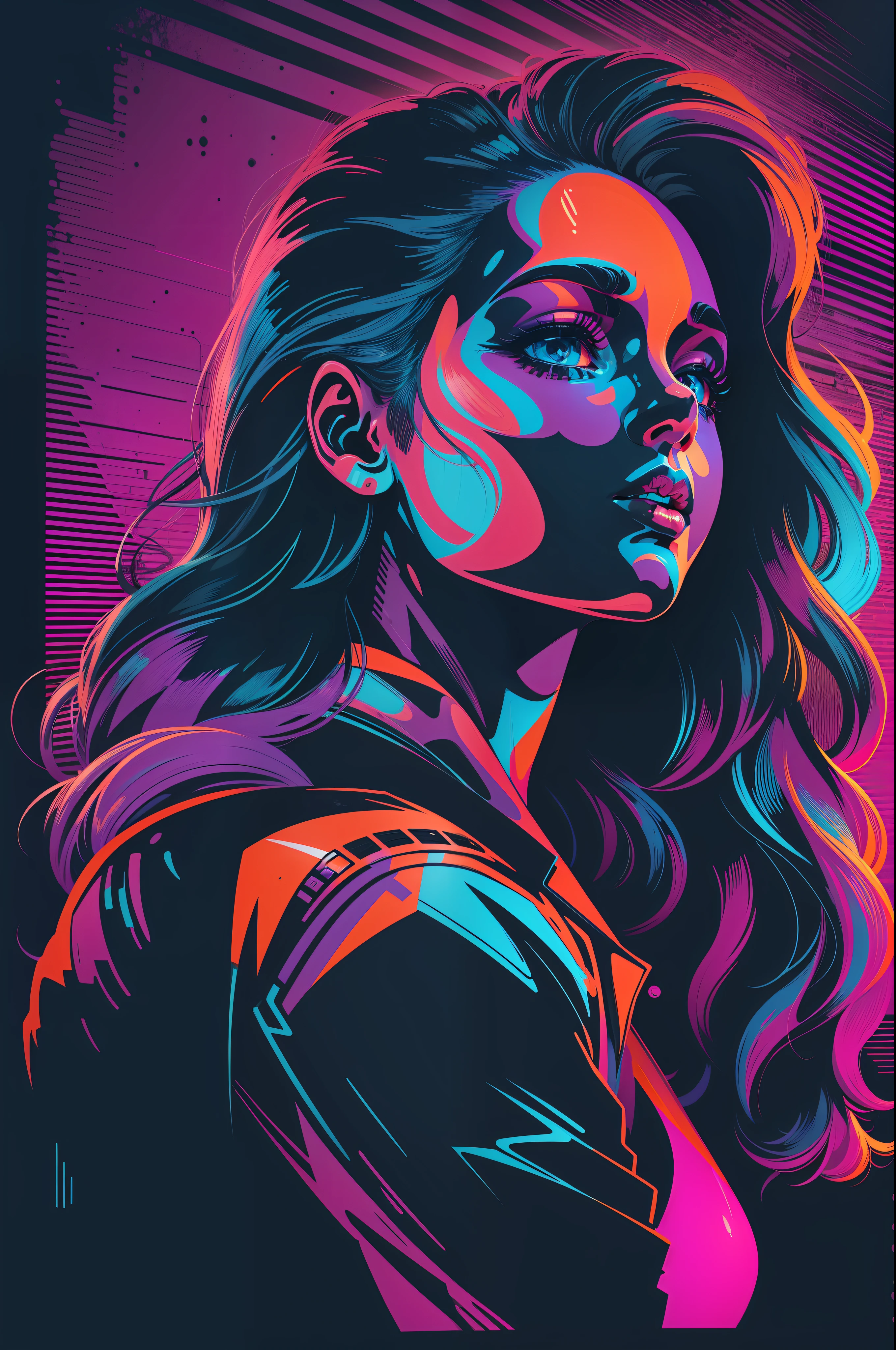 Hot Girl, car, vectorized, synthwave, purple blue red orange, bright neon colors on a dark background,