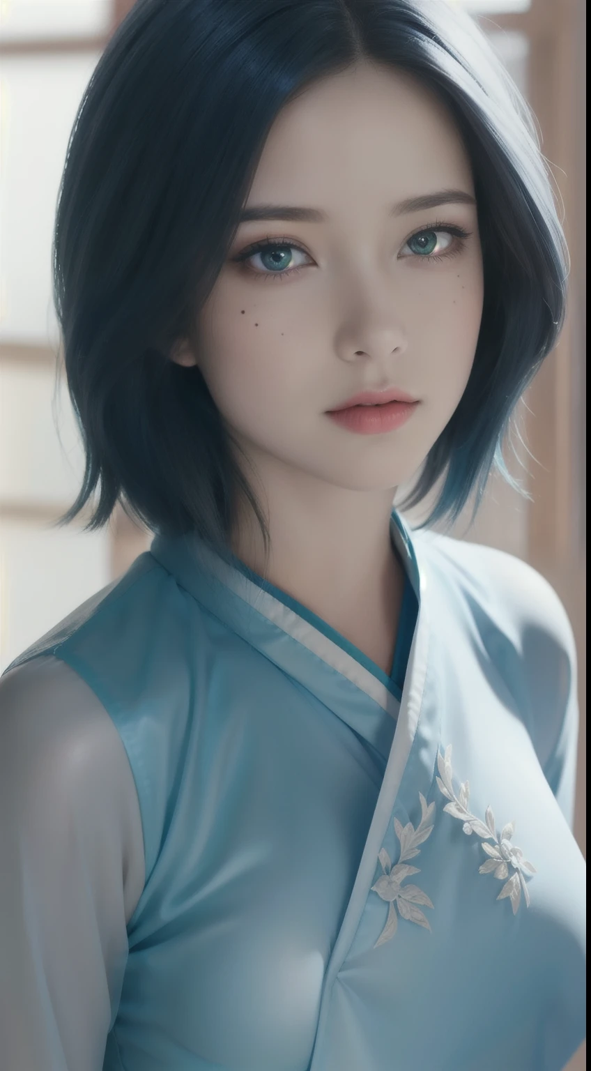 (Hyperrealistic), (illustration), (high resolution), (8K), (Extremely detailed), (Best Illustration), (Beautiful detailed eyes), (Best quality), (Ultra-detailed), (Masterpiece), (the wallpaper), (Photorealistic), (Natural light), (rim lit), (Detailed face), (Highly detailed realistic skin textures), (Anatomically correct), (Solo), (1 girl), (high detailed realistic hair), (Blue hair:1.2), spiked hair, (Heterochromic eyes), (detailed green eyes), (Small moles under the eyes), (Realistic big breasts:1.5), (Exposed breasts:1.3), (Long legs), (Slender abs), (Dynamic pose), (Closed mouth:1.3), (traditional Hanfu attire), (Sheer clothes:1.5), NSFW,
