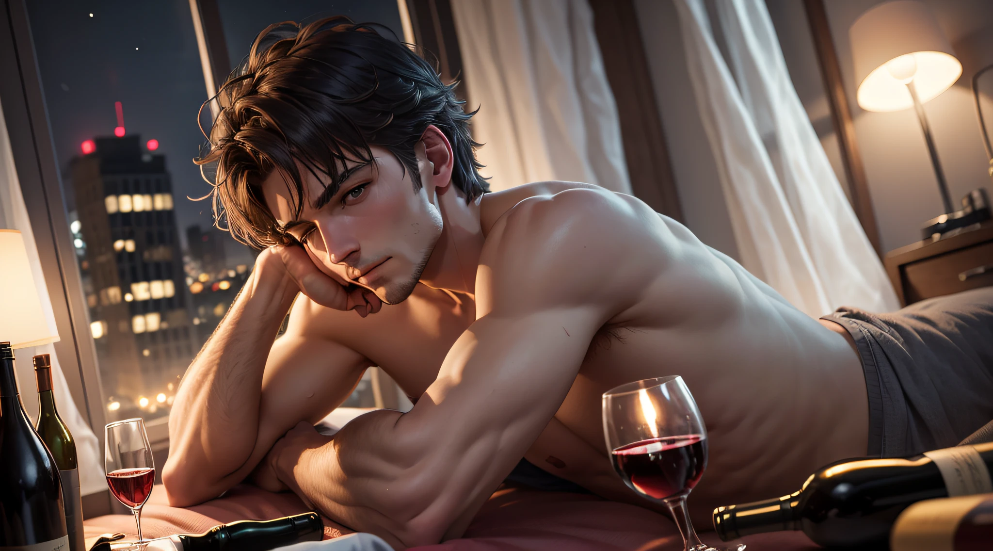 A man, laying on a bed, wine bottles, night, window, City outside
