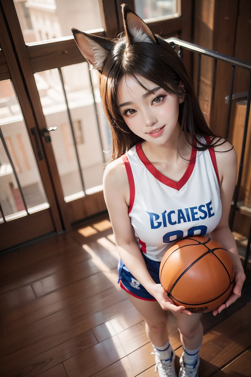 (masterpiece), (best quality), 8k resolution, 1girl, Asian girl, stunning beauty, perfect face, mature female, 20yo, fox ears, full body, sexy, basket ball clothes, smile