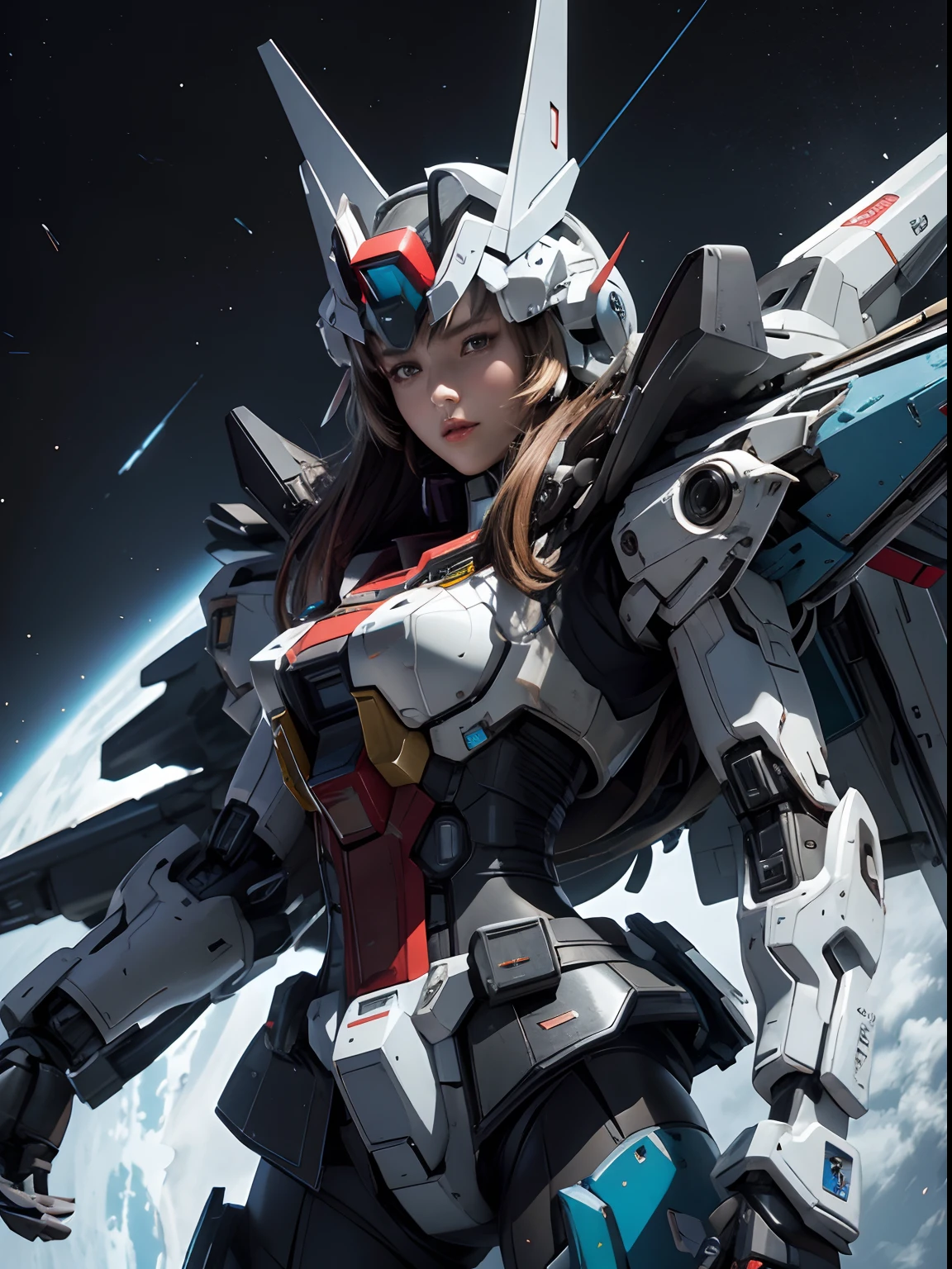 Textured skin, Super Detail, high details,  Best Quality, hight resolution, 1080p, hard disk, a beauty,She wears a futuristic Gundam mecha,(Gundam),Fulll body Shot,(standingn)
