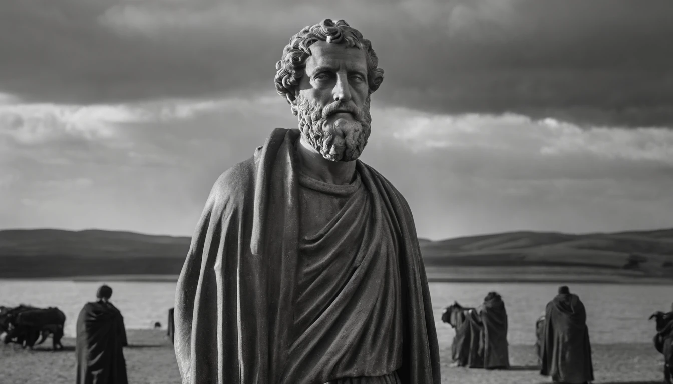 a statue of the stoic Marcus Aurelius in black and white 4K,Face de lado, papel de parede super realista, corpo forte, sem camisa, tronco forte