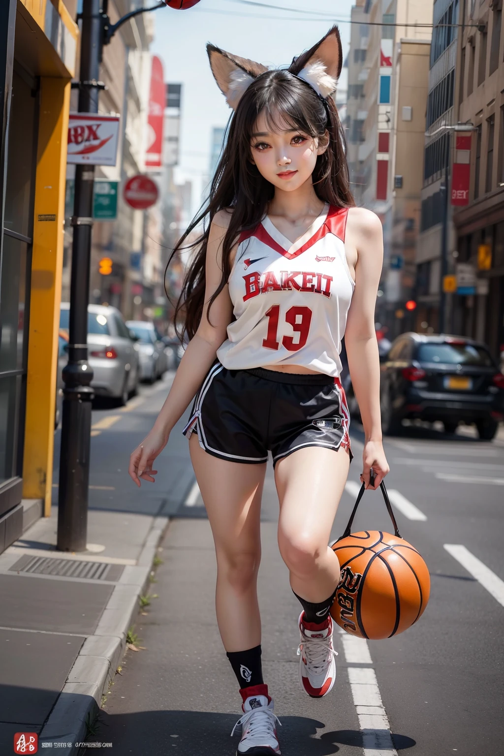 (masterpiece), (best quality), 8k resolution, 1girl, Asian girl, stunning beauty, perfect face, mature female, 20yo, fox ears, full body, sexy, basket ball clothes, smile