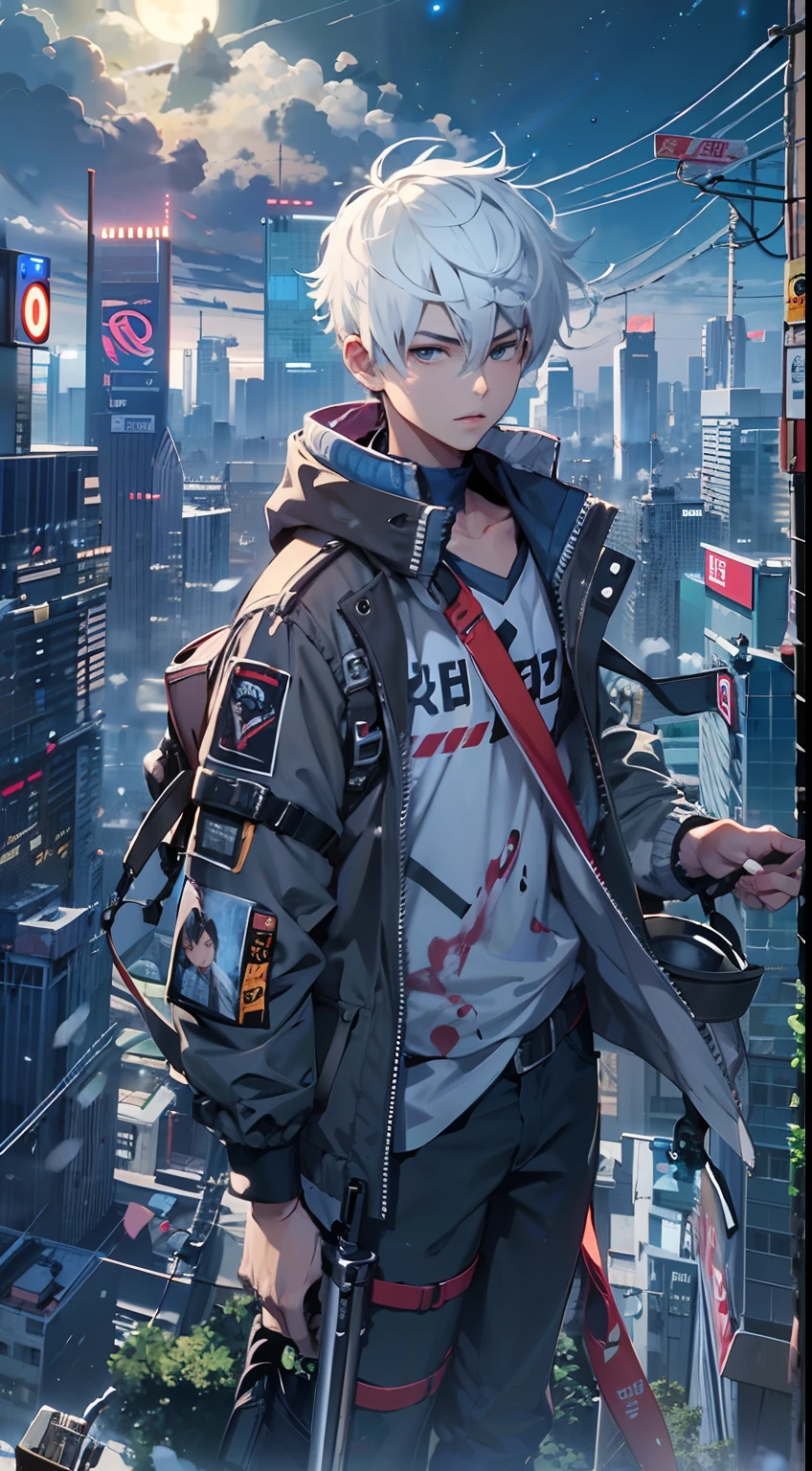 1boy,( boy:1.5)、Cyberpunk Boy、silber hair、Spiky hairstyle、machine gun、Japan sword on the back、Whole body bloody、Upper body only shots、Overhead view of the composition、The beginning of the adventure、Lots of clouds,heavy fog、Moon,Lightning、Chaotic city of the future、Movie dystopia、A group of very tall skyscrapers stands in the center、Very complex cityscape,Crowded Chinese skyscrapers、street signs、streetlights、taxis、buses、Train、Blue lighting,Dark road、puddles、Chaotic、Beautiful and fantastic scenery、Cinematic scenery、hightquality、masutepiece,in 8K、hight resolution、