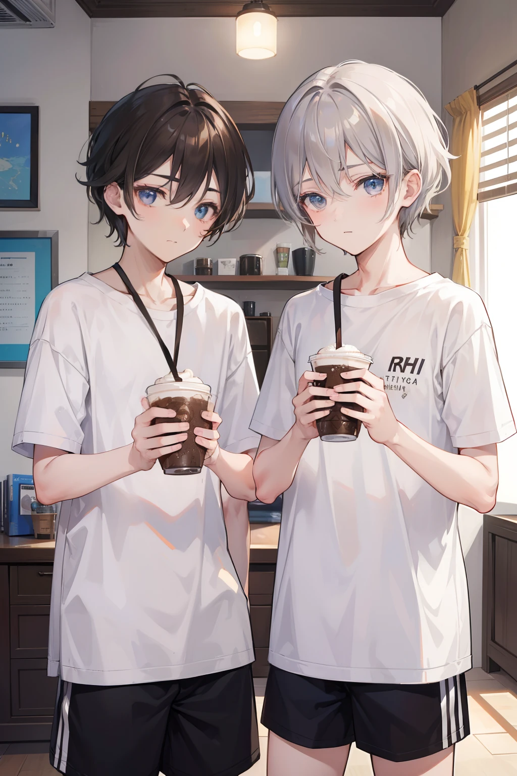 Two , Silver-haired boy and brown-haired boy,Boy's room、Frappuccino、Stabharath、Boys Love、Talking、hight resolution、ultra-detailliert