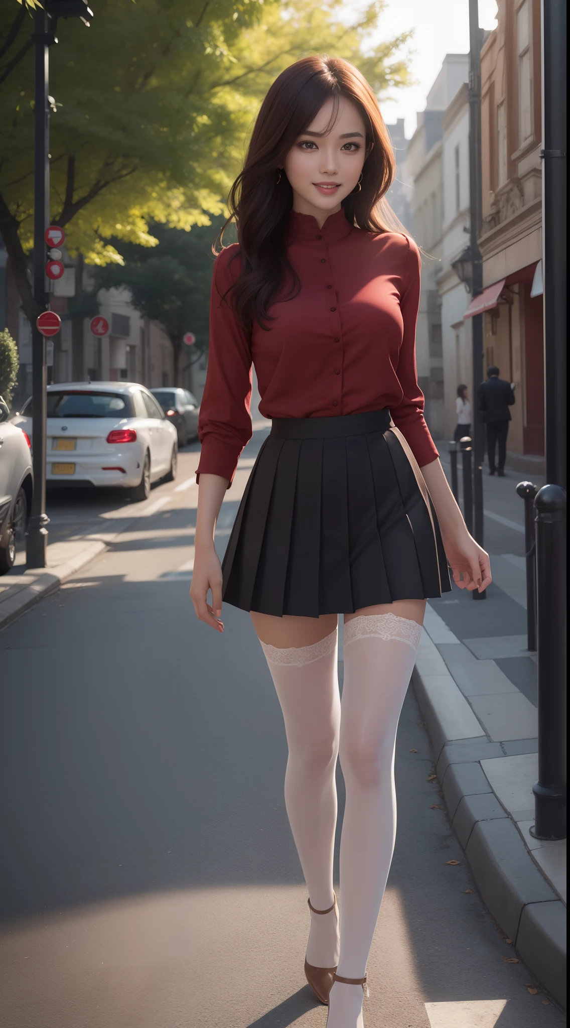 8k, masterpiece, RAW photo, best quality, photorealistic, extremely detailed CG unity 8k wallpaper, Depth of field, Cinematic Light, Lens Flare, Ray tracing, (extremely beautiful face, beautiful lips, beautiful eyes), intricate detail face, ((ultra detailed skin)) 1girl, in the dark, deep shadow, pretty asian girl, 1 girl, (very slim slender fit-muscled body:1.3), ((looking at viewer)),(big smile:1.3), (short skirt ), (red mini skirt ), pantyhose, clear eyes, walking , front shot, (pale skin), (big eyes), face forward, (red shirt), (brown hairs), ((laced blouse)),,(looking at viewer:1.3) very slim, medium breasts, (camel toe), laced black stockings, street, buildings, tree, sunny, thick thighs,((laced pleated skirt))