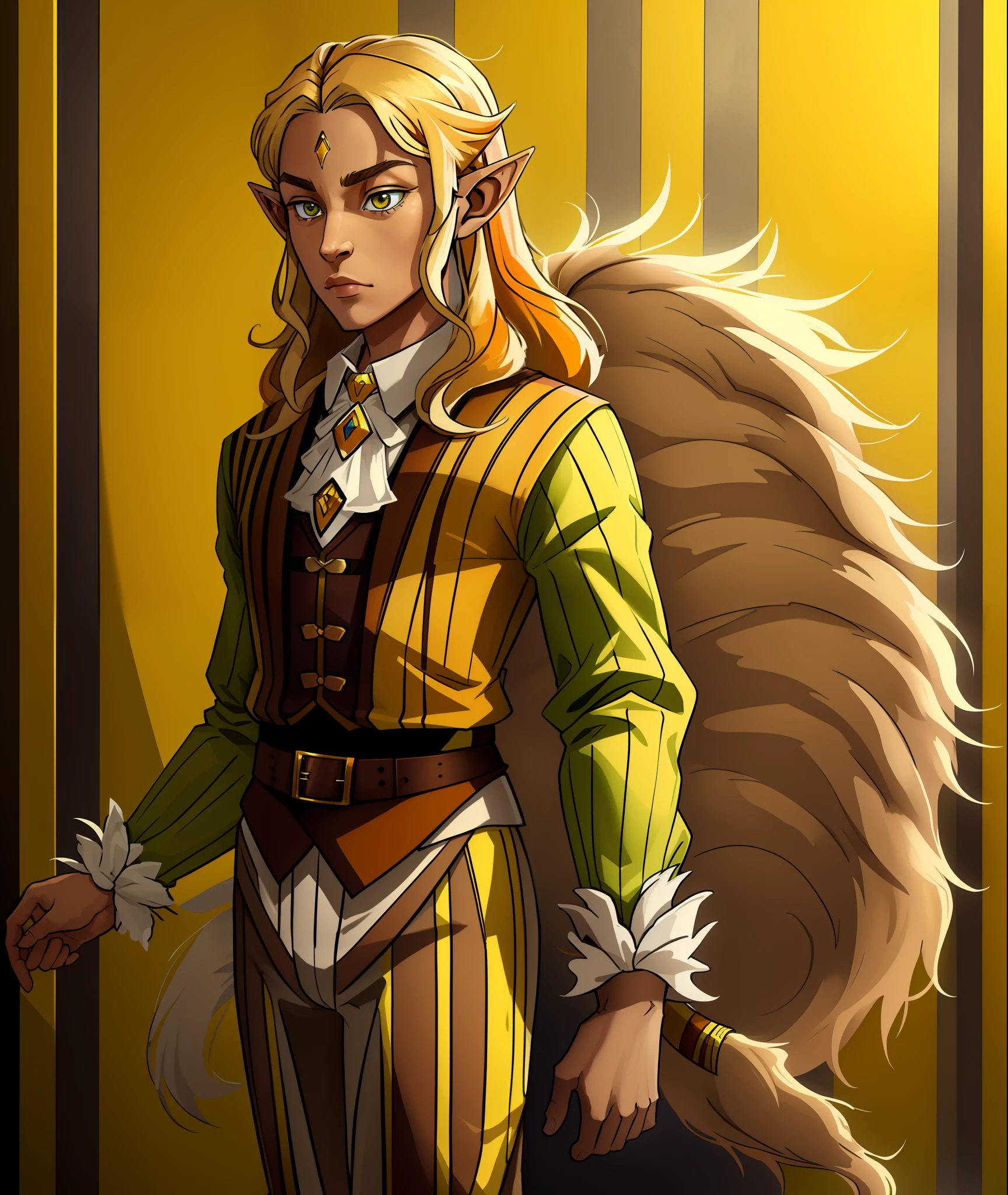 Elf, Wearing Tabby Suit, yellow-orange with brown stripes and yellow fluff, masterpiece, best quality