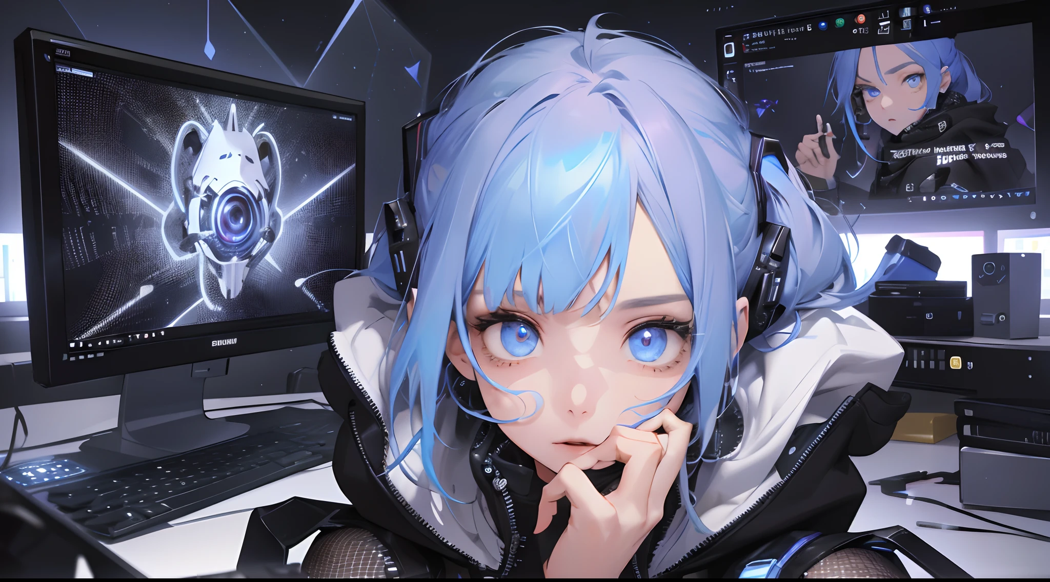 (absurdres, highres, ultra detailed), 1girl,computer,typing, solo, extremely detailed eyes, colorful, highest detailed, looking at viewer, solo, (full body), detailed background, detailed face, (watchdogs theme) advanced technology, hoodie,electronics, (holographic display),