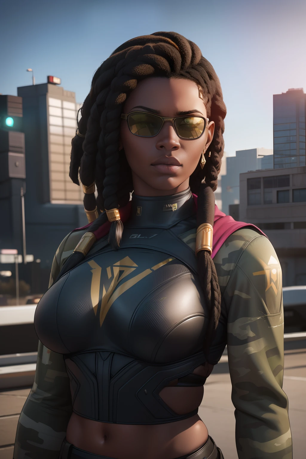 super high res, best quality, (photorealistic: 1.2), cinematic lighting, 23 year old very tall African American female who wears army camouflage clothing and is part of a team called the Crows, In addition she wears mirrored sunglasses and also has dreads in her hair (Cyberpunk 2020)