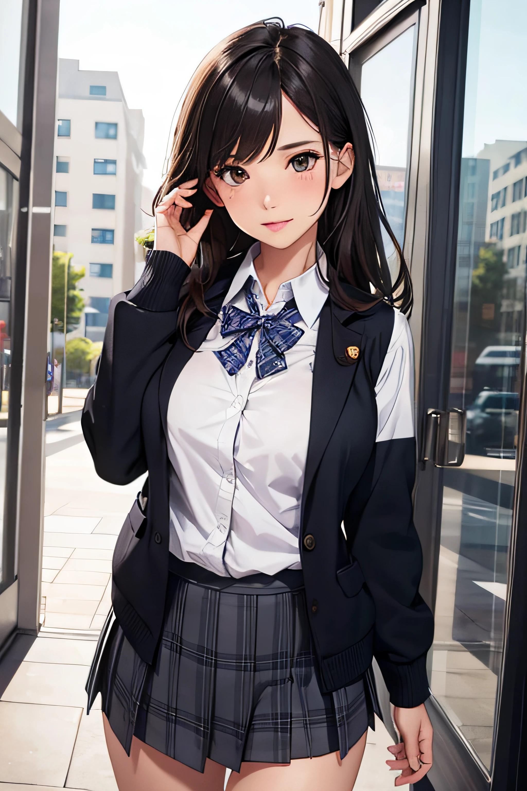 girl in school clothes, skirt, school sweater, medium breasts, cityscape, flirtatious look, ((very detailed)), (perfectly detailed face), (well detailed hand) photorealistic image.