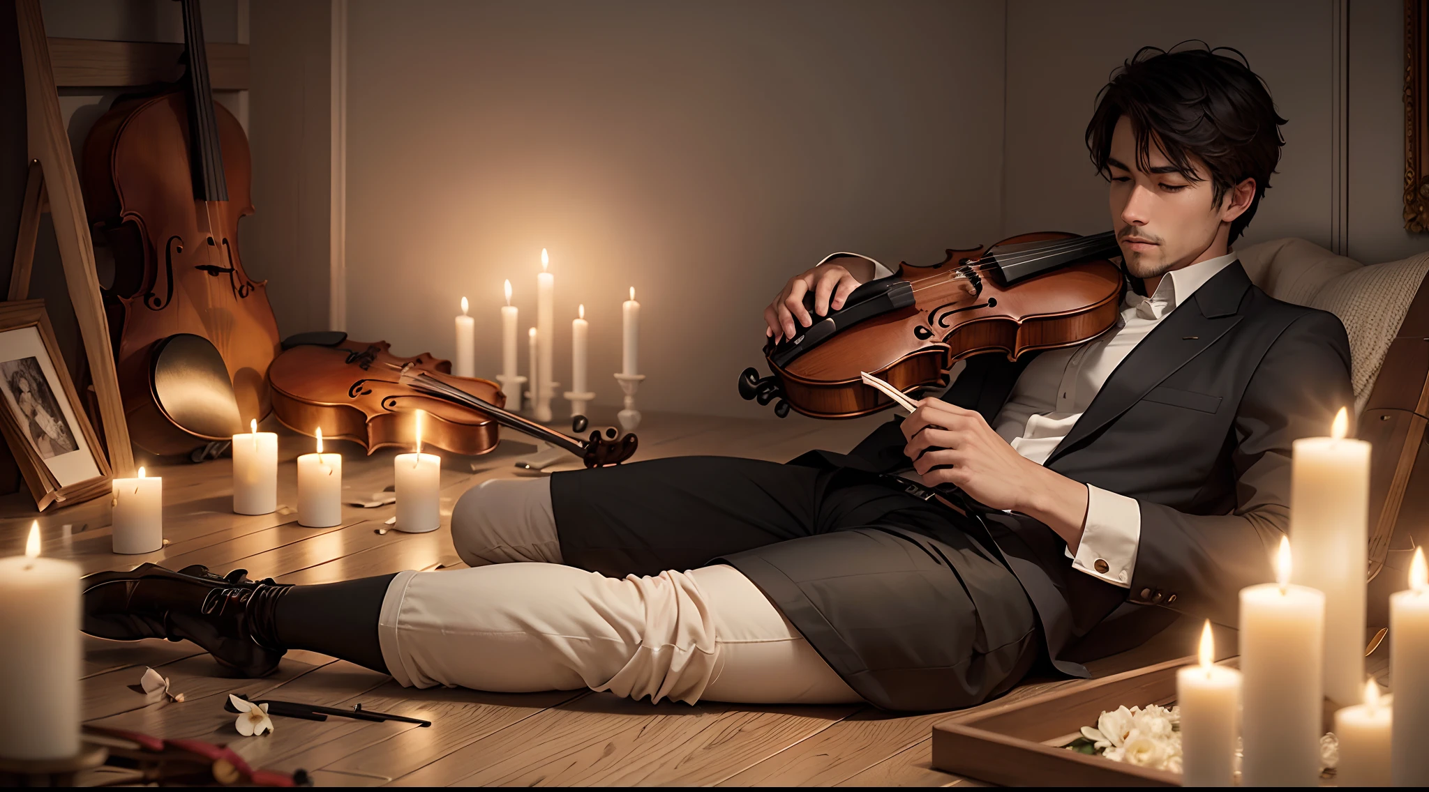 A man, laying, a violin, broken photo frame, night, candles, flowers on the floor