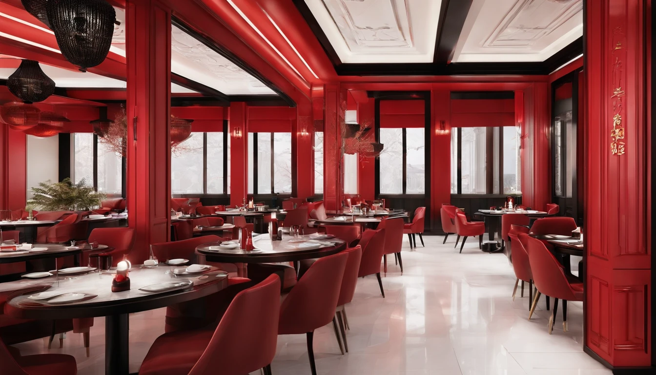 Rendering of the decoration effect of the hot pot restaurant,Use red and black as the main color,Embody youthfulness,Fashionab,tidal current,The background is white background,large scene