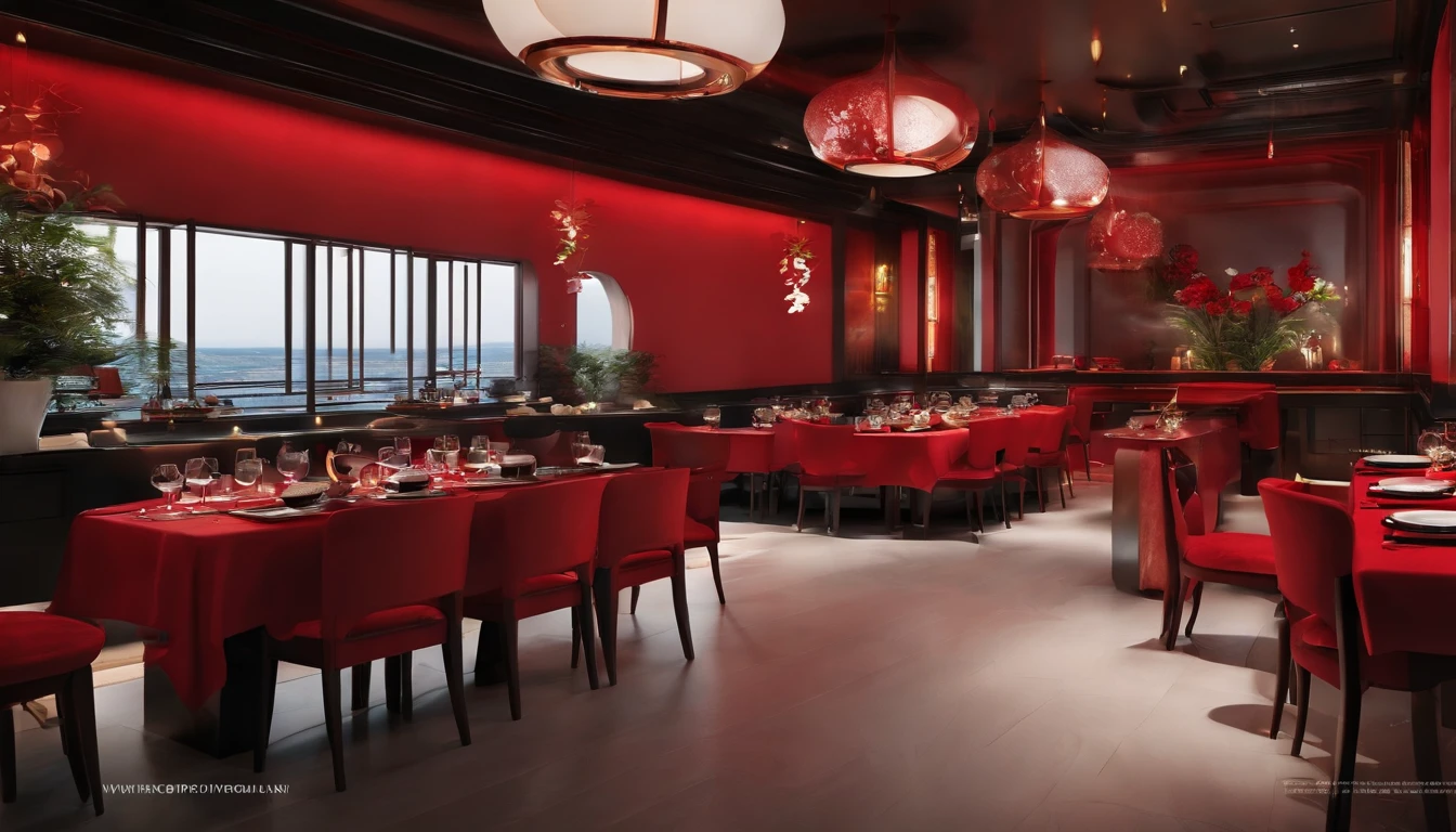 Rendering of the decoration effect of the hot pot restaurant，Use red and black as the main color，Embody youthfulness，Fashionab，tidal current，The background is white background，large scene