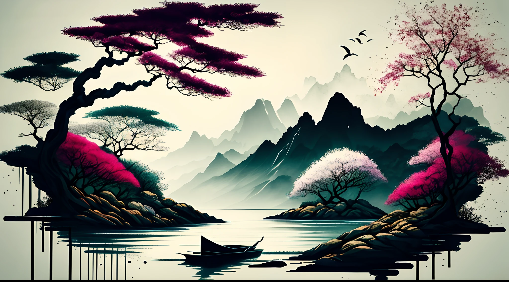 white backgrounid, scenecy, ink, mont, Eau, the trees,boat
