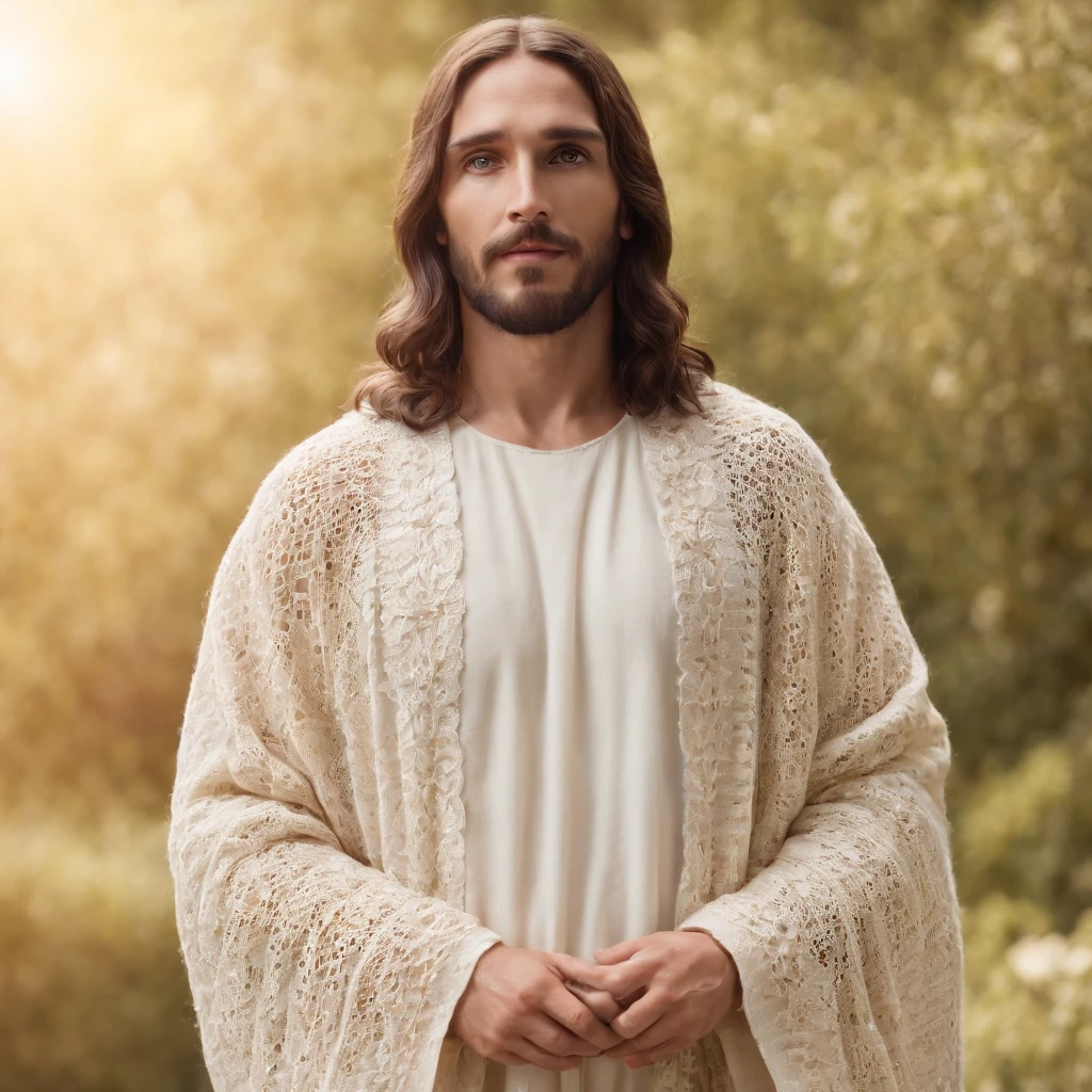 jesus christ, wearing crochet clothes, beautiful, clear day, professional photo, 4k, ultrarealistic, cinematic