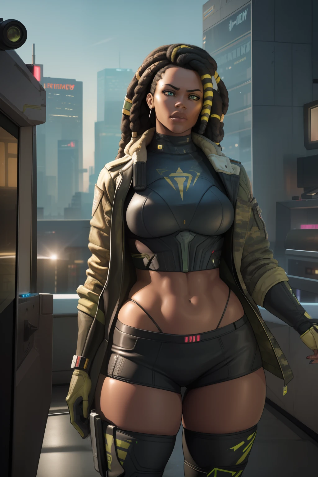 super high res, best quality, (photorealistic: 1.2), cinematic lighting, 23 year old very tall African American female who wears army camouflage clothing and is part of a team called the Crows, In addition she wears mirrored sunglasses and also has dreads in her hair (Cyberpunk 2020)