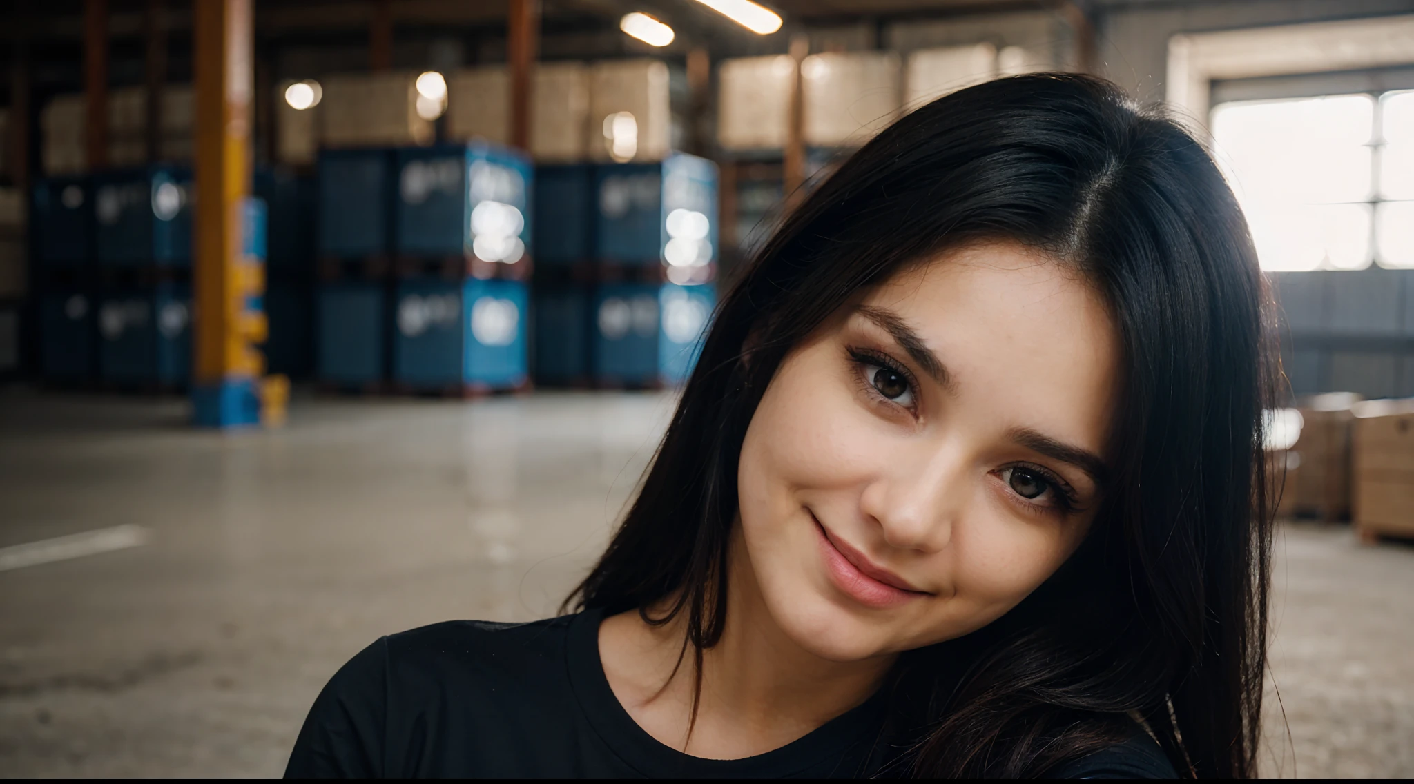RAW Photo, DSLR BREAK (kkw-ph1:0.9) BREAK half body portrait of 1 young 20yo woman, black hair, wearing plain blue t shirt, perfect eyes, perfect lips, perfect nose, professional color graded, wonderful woman, ecommerce background, warehouse background, cute woman, medium tits , smiling, amazed, rule of thirds shot