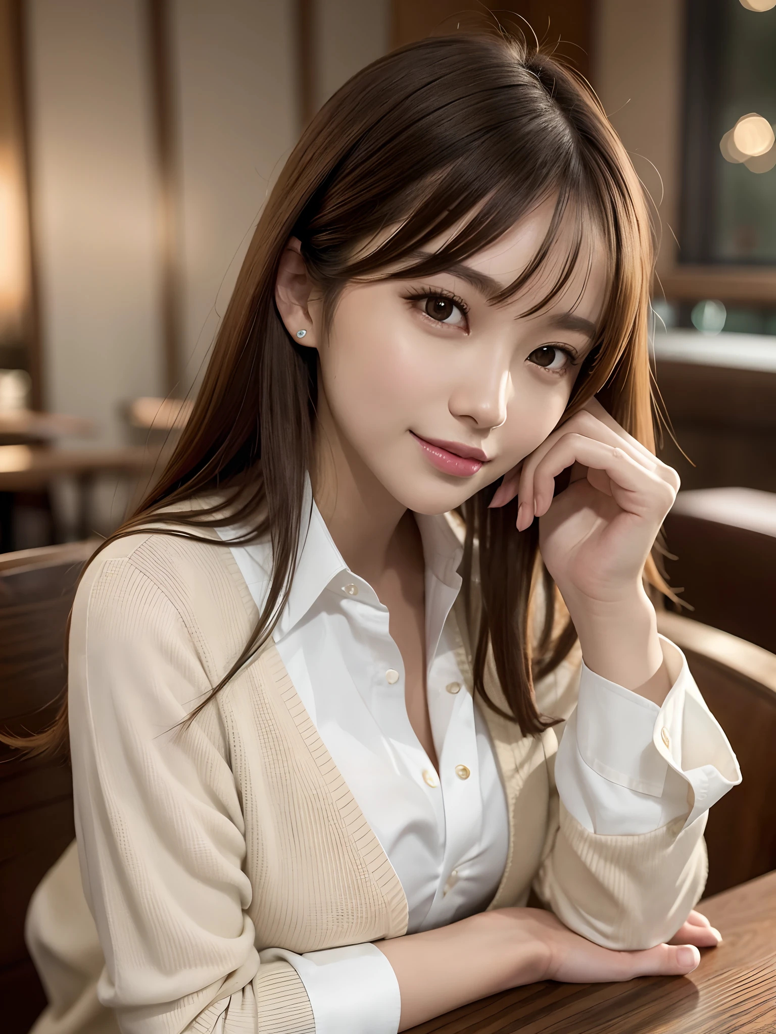 product quality, 1 girl, an upper body shot, front view, a Japanese young pretty girl, long bob hair, wearing a marriage ring, sitting with a big smile on a chair in front of a table in a luxury restaurant, a lot of dishes on the table, beer on the table, wearing a long length light yellow cardigan over a satin silk white shirt with collared, wearing light brown long jeans, hyper cute face, glossy lips, double eyelids for both eyes, natural makeup, shiny smooth light brown hair of long bob hair, asymmetrical bangs, tanned skin, high resolution, high detail, detailed hairstyle, detailed face, cinematic lighting, octane rendering, hyper realistic, perfect limbs, perfect anatomy