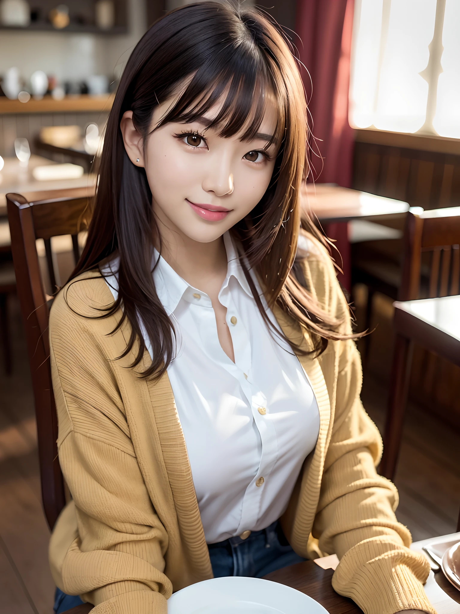 product quality, 1 girl, an upper body shot, front view, a Japanese young pretty girl, long bob hair, wearing a marriage ring, sitting with a big smile on a chair in front of a table in a luxury restaurant, a lot of dishes on the table, beer on the table, wearing a long length light yellow cardigan over a satin silk white shirt with collared, wearing light brown long jeans, hyper cute face, glossy lips, double eyelids for both eyes, natural makeup, shiny smooth light brown hair of long bob hair, asymmetrical bangs, tanned skin, high resolution, high detail, detailed hairstyle, detailed face, cinematic lighting, octane rendering, hyper realistic, perfect limbs, perfect anatomy