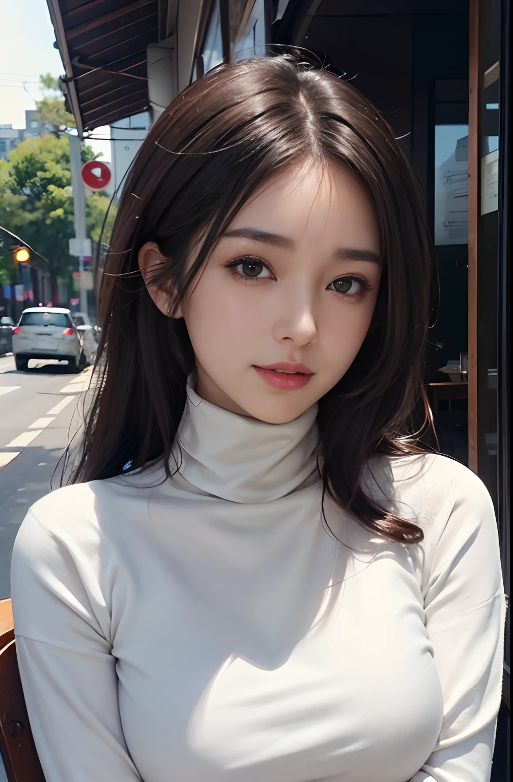 ((A mature woman sits in front of a café)),((turtleneck shirts:1.3)). 40k, Photography, Masterpiece, Best quality, dark grey background, ((Mature women, Wife, Mom, A MILF)), ((A plump chest)), Perfect face, perfect boobs, ((Breast-huge)), ((1 girl with brown eyes and gorgeous light black hair)). a Pretty Japanese woman,full soft breasts and white skin, ((very soft breasts)). Ultra-detailed face, Detailed eyes, Embarrassed, Smile, Summer, Daytime, (((Slave collar))), Half body, dated