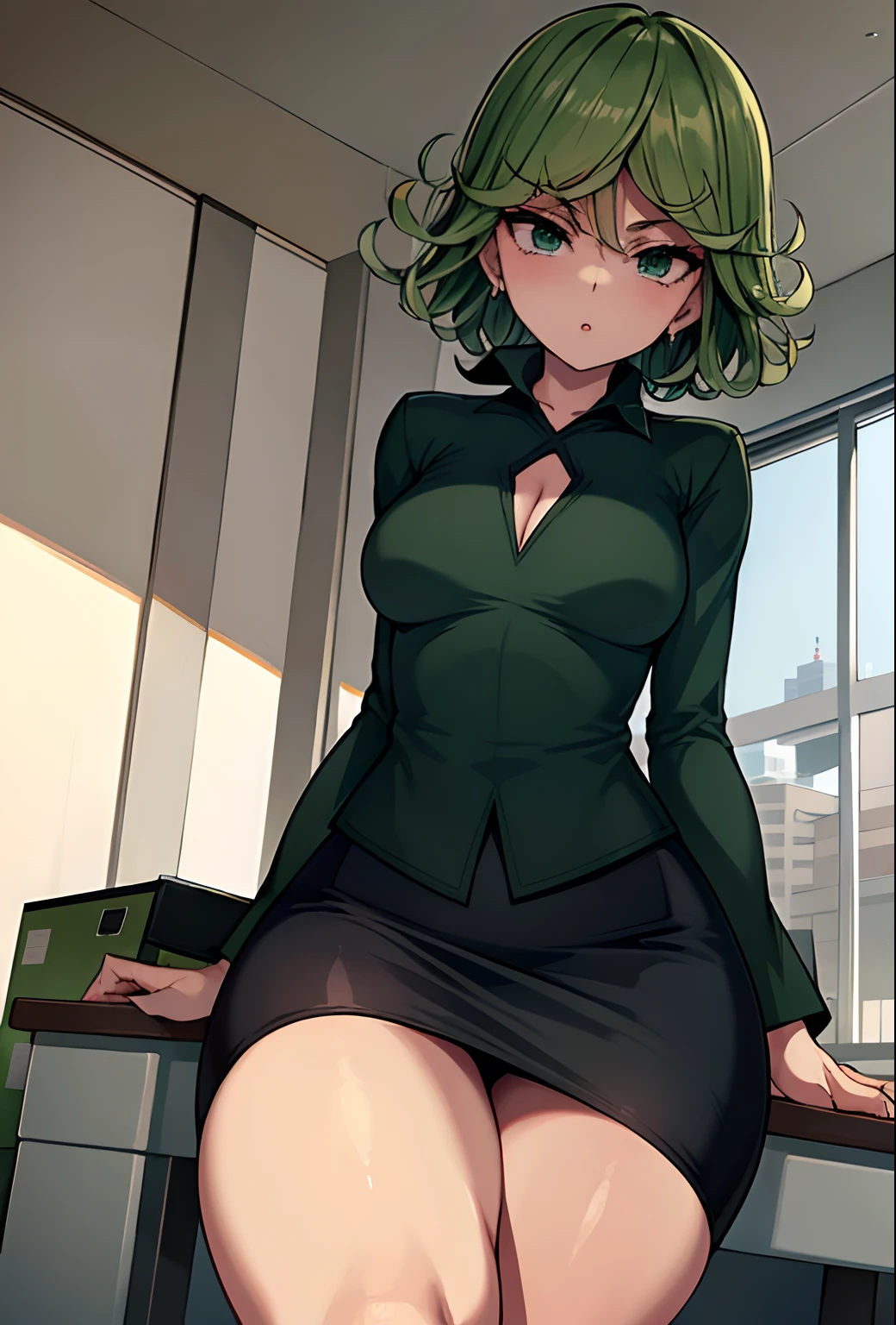 (beste-Qualit, 8K, 12), 1 girl, tatsumaki, Short Hair Hair, green hair, little chest, the perfect body, ultra detail face, detailed lips, Slender Eyes, gown, stands, enticing, Excited, convex areolas, steam, From Bottom, (small boobs), ((thick thighs)), spreading legs, (((((office lady))))), (((pencil skirt)))