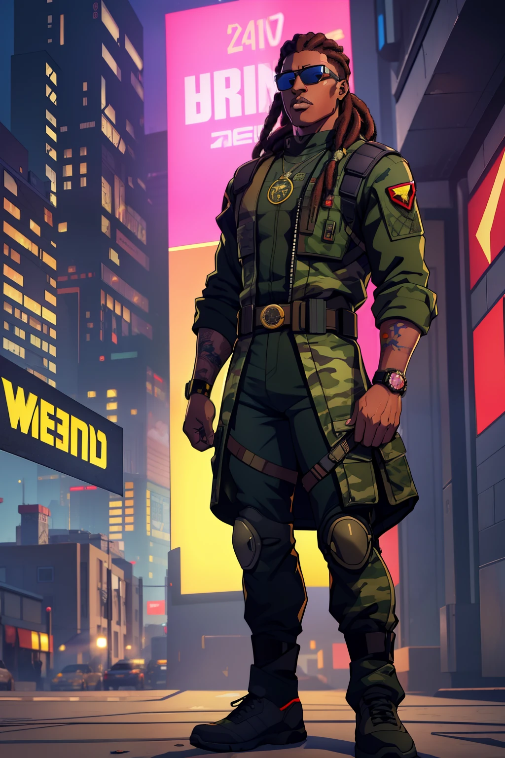 super high res, best quality, (photorealistic: 1.2), cinematic lighting, 23 year old very tall African American man who wears army camouflage clothing and is part of a team called the Crows, In addition he wears mirrored sunglasses and also has dreads in his hair (Cyberpunk 2020)