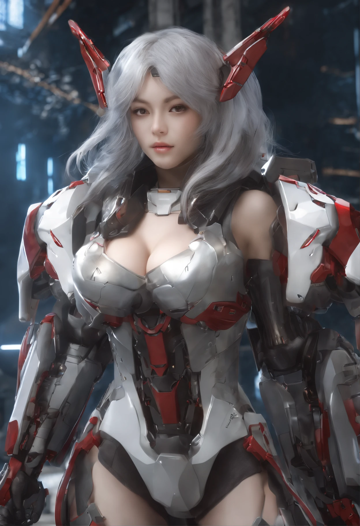 Gundam Girl, girl, big, face and breasts are raw, cleavage is visible. photorealistic, portfolio, gundam-style metal mecha suit, cyberpunk, metallic, detailed mecha parts, bunch of thin tubes, metal cylinder, detailed neon, fine LED,cowboy shot, caustics,reflection,ray tracing,demontheme,nebula,dark aura,cyber effect, (1girl:1.4),solo,alone,mecha musume,mechanical parts, robot joints,single mechanical arm, headgear, mechanical halo,star halo,intricate mechanical bodysuit, mecha corset, kimono, full armor, very long hair,white hair, hair between eyes, multicolored hair, colored inner hair, red eyes,glowing eye,eye trail, random expressions,random action, ancient japanese architecture,pond, starry sky,skyline,