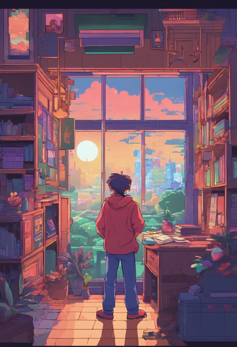 Positive image,Little boy studying in the room, Reading a book, wears glasses , Night lights, Neon landscape on a rainy day,, Lo-fi hip-hop , retrospective, flat, 2.5D ,line drawn, Ink drawing, Large slope, Watercolor painting, Spray color, Studio Ghibli Style, Awesome colorful, Outer tons, synthetic wave, Lofi art,90s style,Old textures, amplitude,