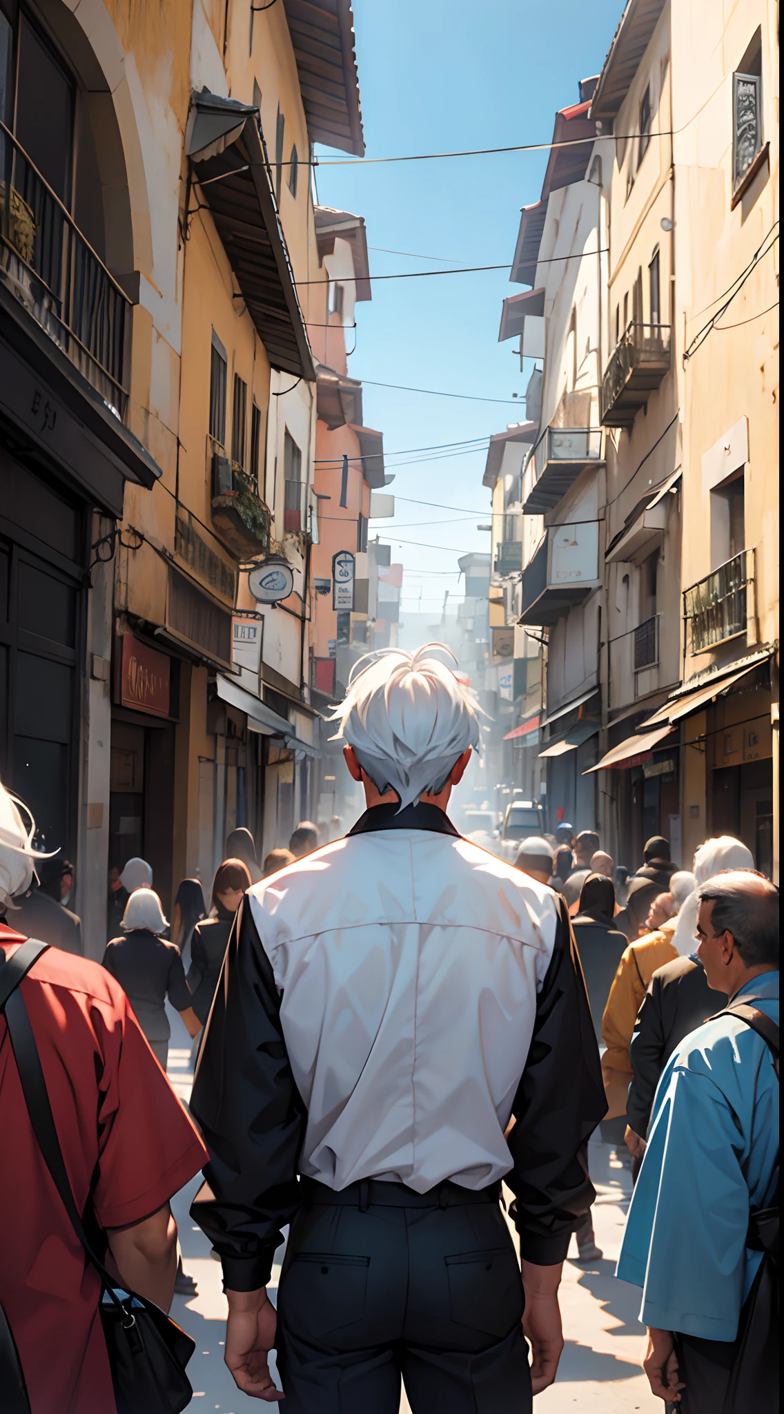 homem, jovem, cabelos brancos e curtos, with his back to a crowd, em meio a cidade