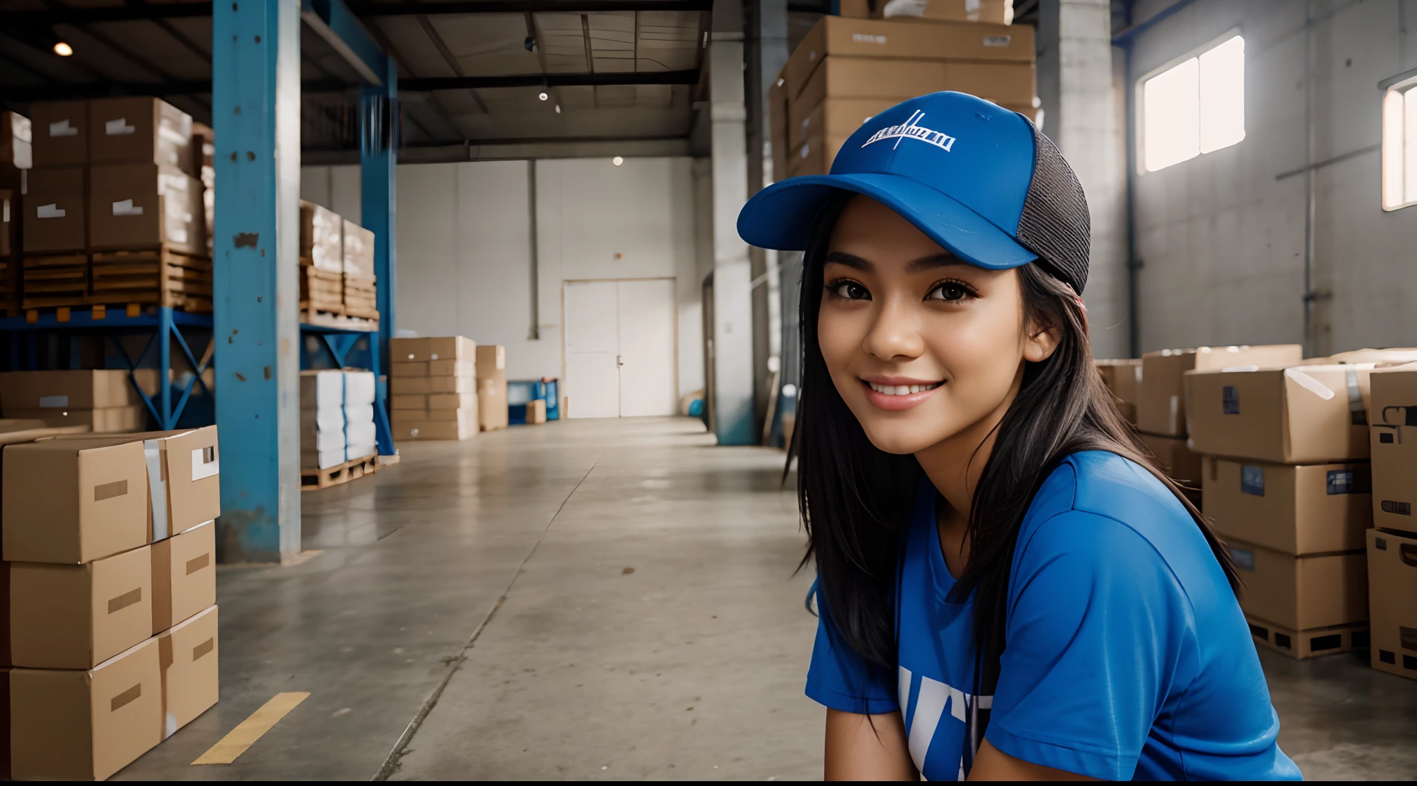 RAW Photo, DSLR BREAK (kkw-ph1:0.9) BREAK half body portrait of 1 young 20yo woman, black hair, wearing plain blue t shirt, plain blue trucker cap, perfect eyes, perfect lips, perfect nose, professional color graded, wonderful woman, ecommerce background, warehouse background, cute woman, medium tits , smiling, filipina, pinay, filipino woman, rule of thirds shot