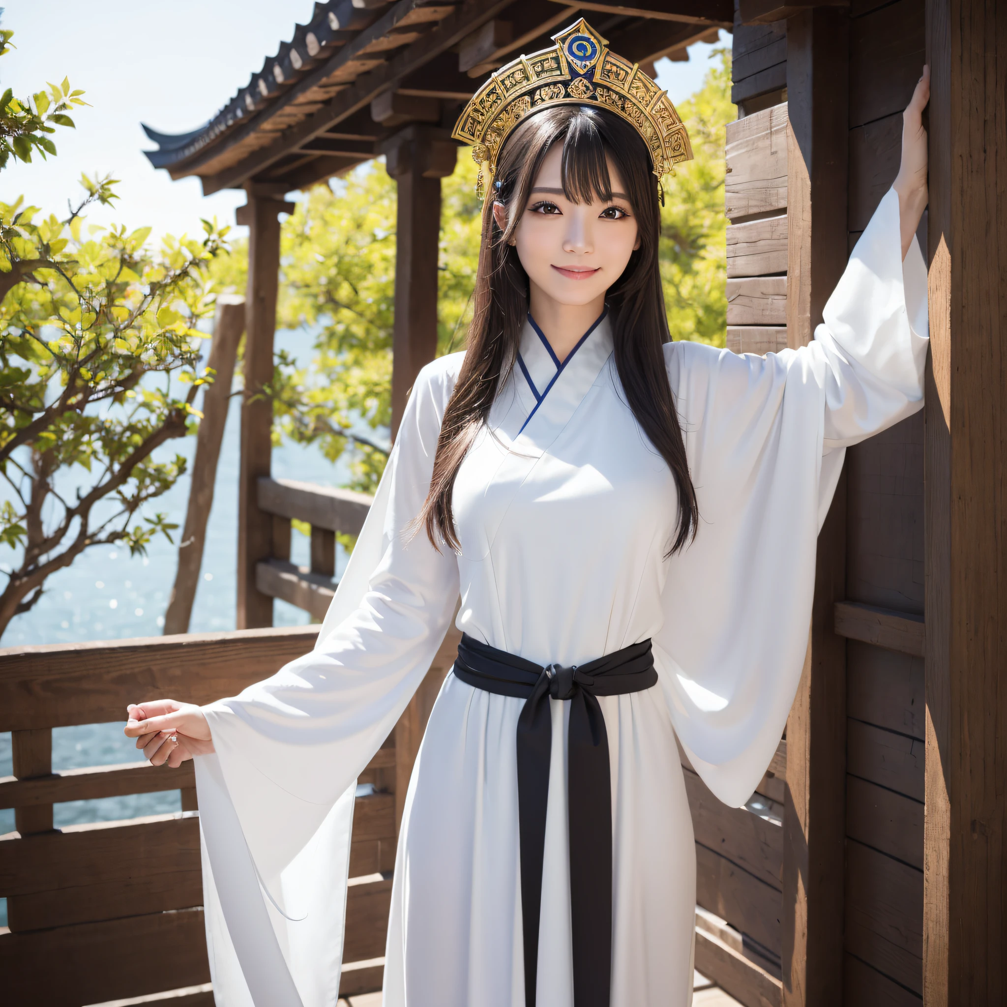 One Priestess、((best qualtiy、8k masterpieces:1.3))、foco nítido:1.2、(ultra beautiful faces:1.0)、(shinny skin:1.0)、photos realistic、A dark-haired、Video Lighting、High-definition eyes and face、Video Lighting、Japan Idol Actress、from the front side、medium breasts、Smile、Slender Abs Beauty、Whole body、Priestess costume、At the shrine in the morning