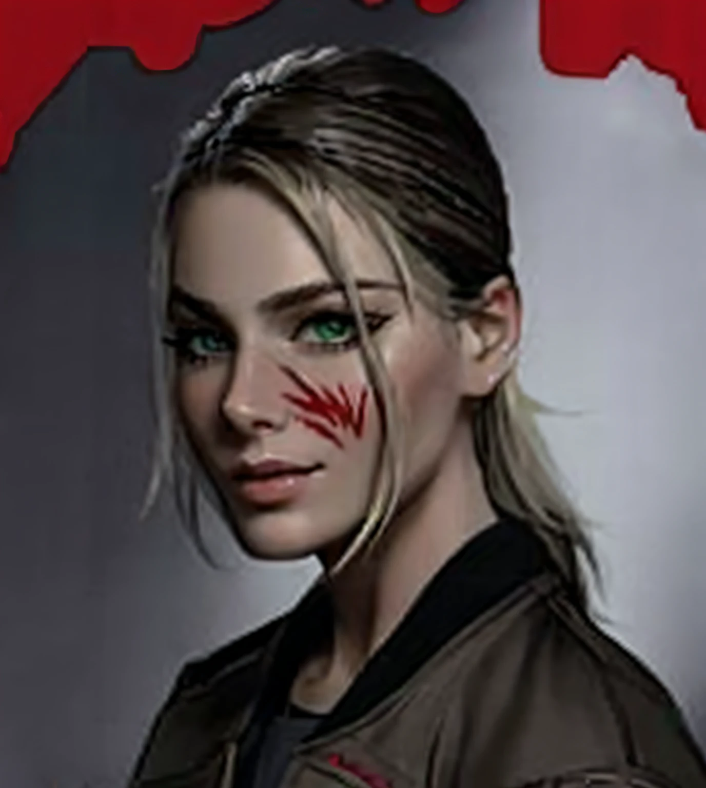 mujer con una chaqueta verde y tiene la cara ensangrentada, parecida a Margot Robbie, salpicaduras de sangre en los lados, cabello rubio largo, ojos verdes, fondo gris con sangre