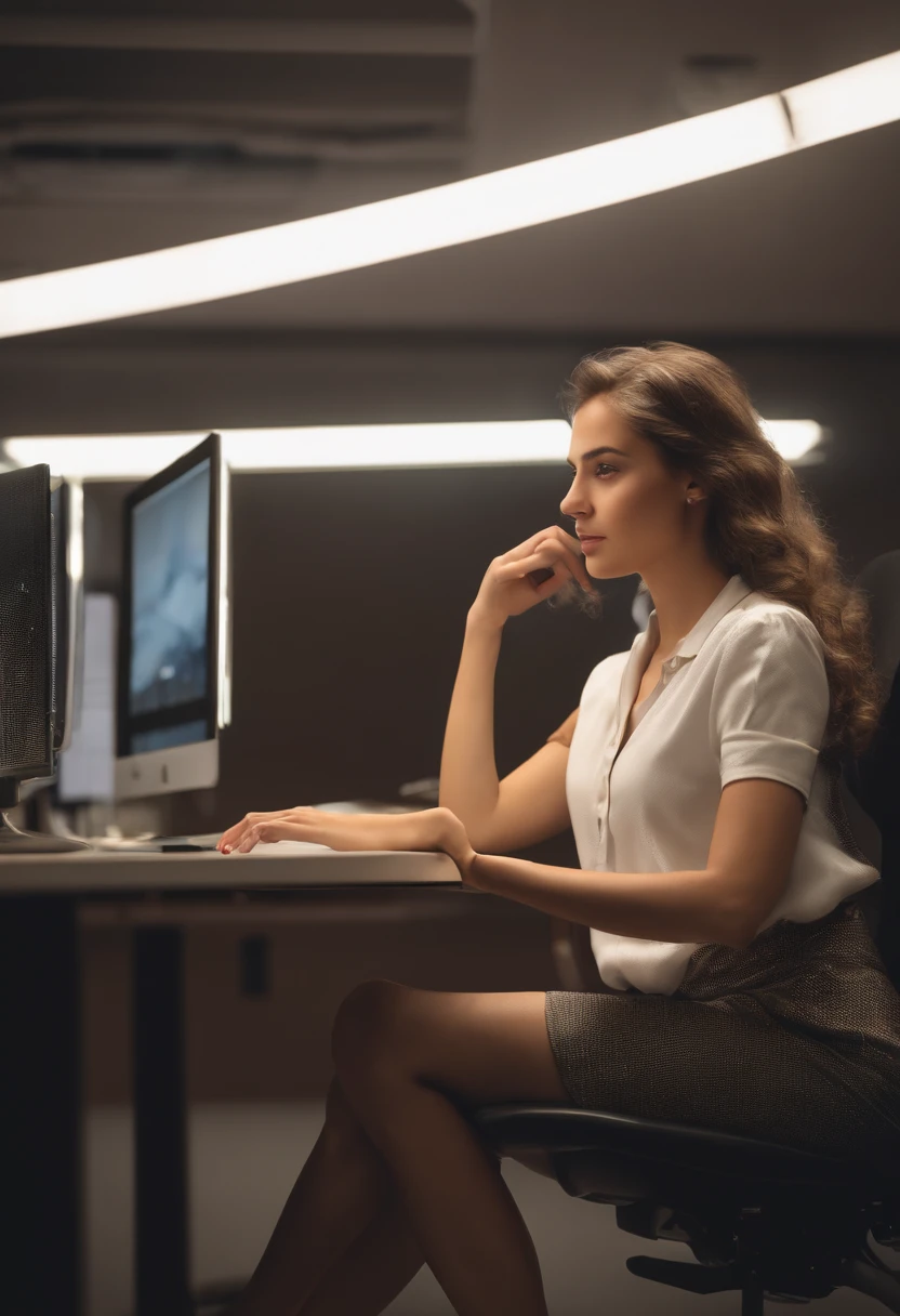 A girl sitting at a desk, using a computer with an AI interface in a study room,portraits, photorealistic:1.37,studio lighting.