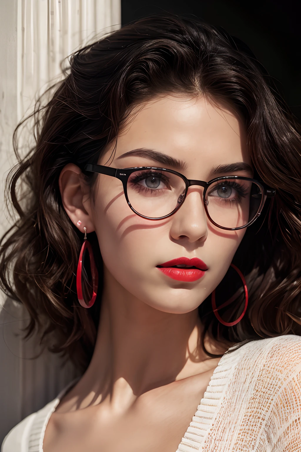 slightly curly hair, Frameless glasses, small spots under the corners of the mouth, / Pay attention to lilac earrings, slightly closed mouth, red-lips, surrealism, high detail, Strong chiaroscuro, film grains, the panorama, extra high resolution, Precise, Textured skin.