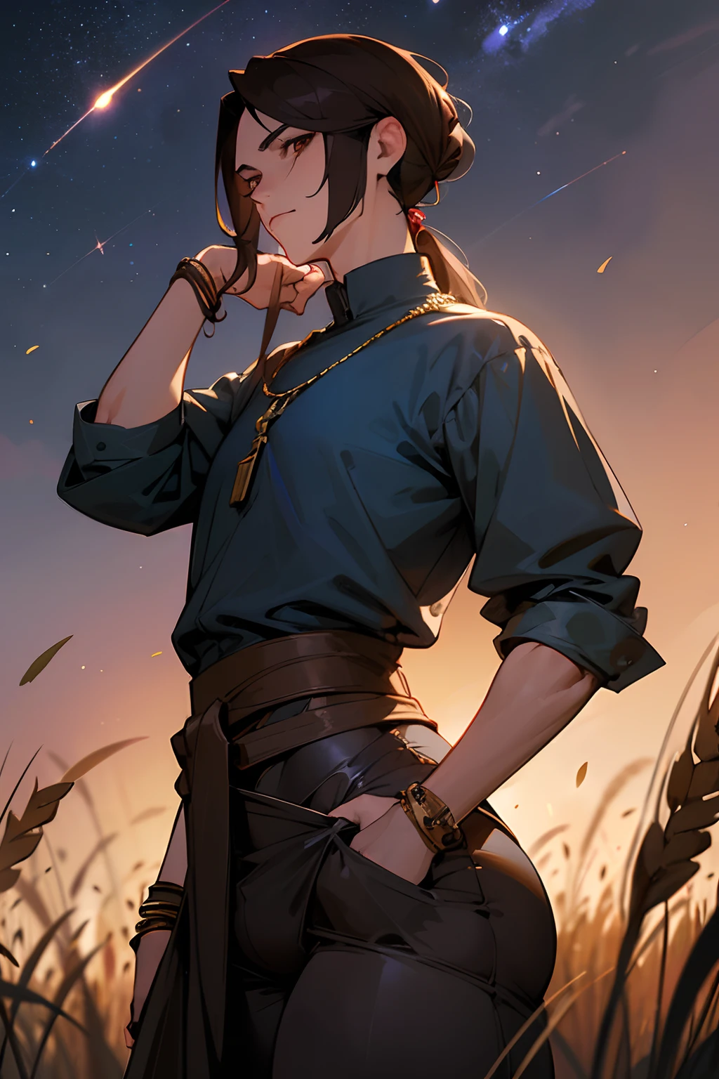 Masterpiece, ultra-high quality, very detailed, trending on ArtStation, 1man, (effeminate), long hair, (brown hair), ((chignon haircut)), extremely detailed eyes, (brown eyes), ((white sclera)), extremely detailed nose, extremely detailed ear, extremely detailed jawline, extremely detailed cheekbone, extremely detailed neck, unconcerned look, wearing necklace, wearing bracelets, wearing elegant dark blue medieval shirt, belt and buckles around waist, wearing black twill pants, (big butt), ((thick thighs)), (((groin bulge))), sideways to viewer, fireflies around actor, wheat field background, sunset, night sky, (Milky Way arm on the sky), ambiance light