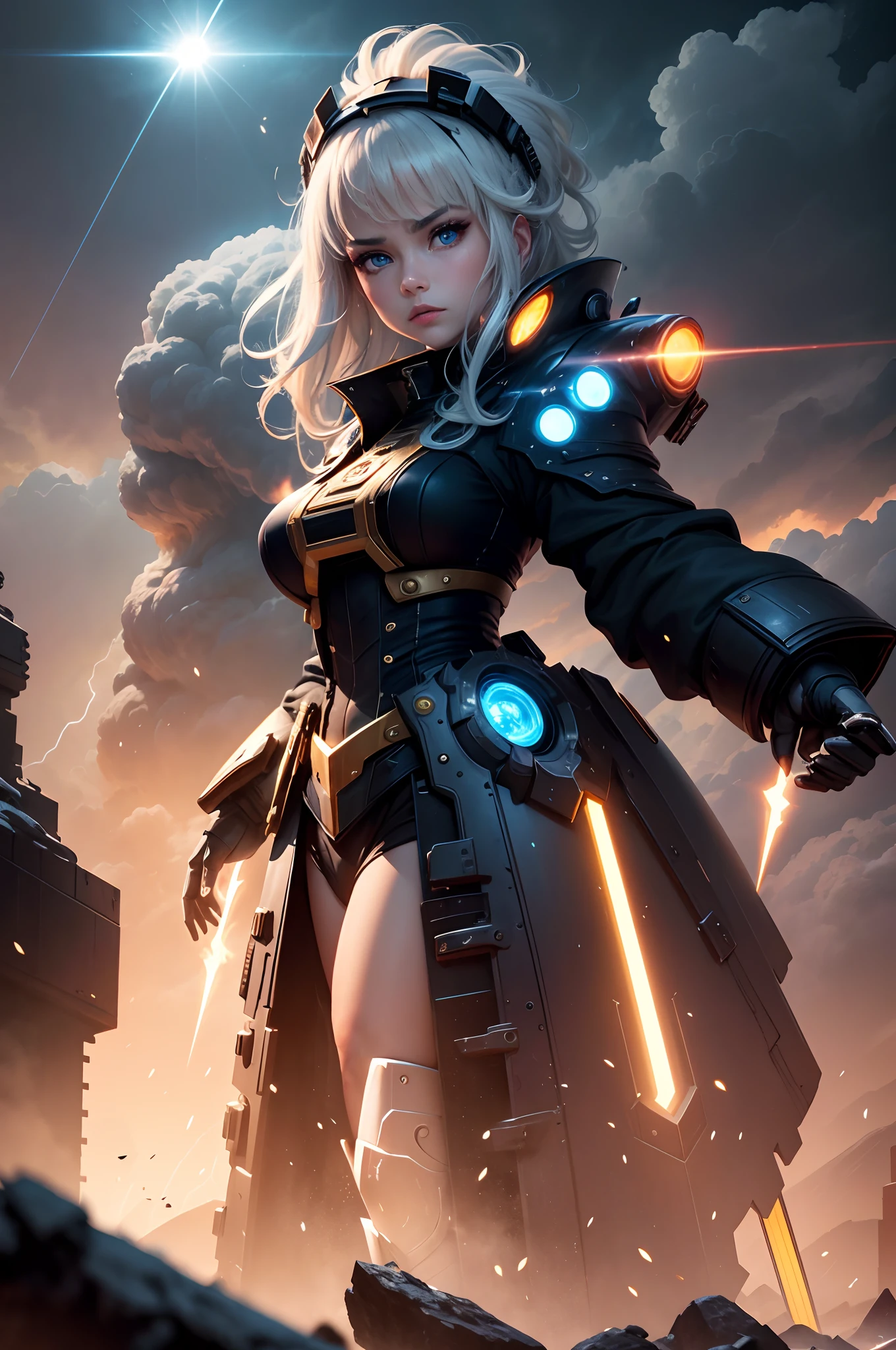 Masterpiece, best quality, 4k, mecha, starry sky, stars \ (sky\), cape, hair ribbon, slim legs, hood, long hair, gray hair, cyberpunk, depth of field