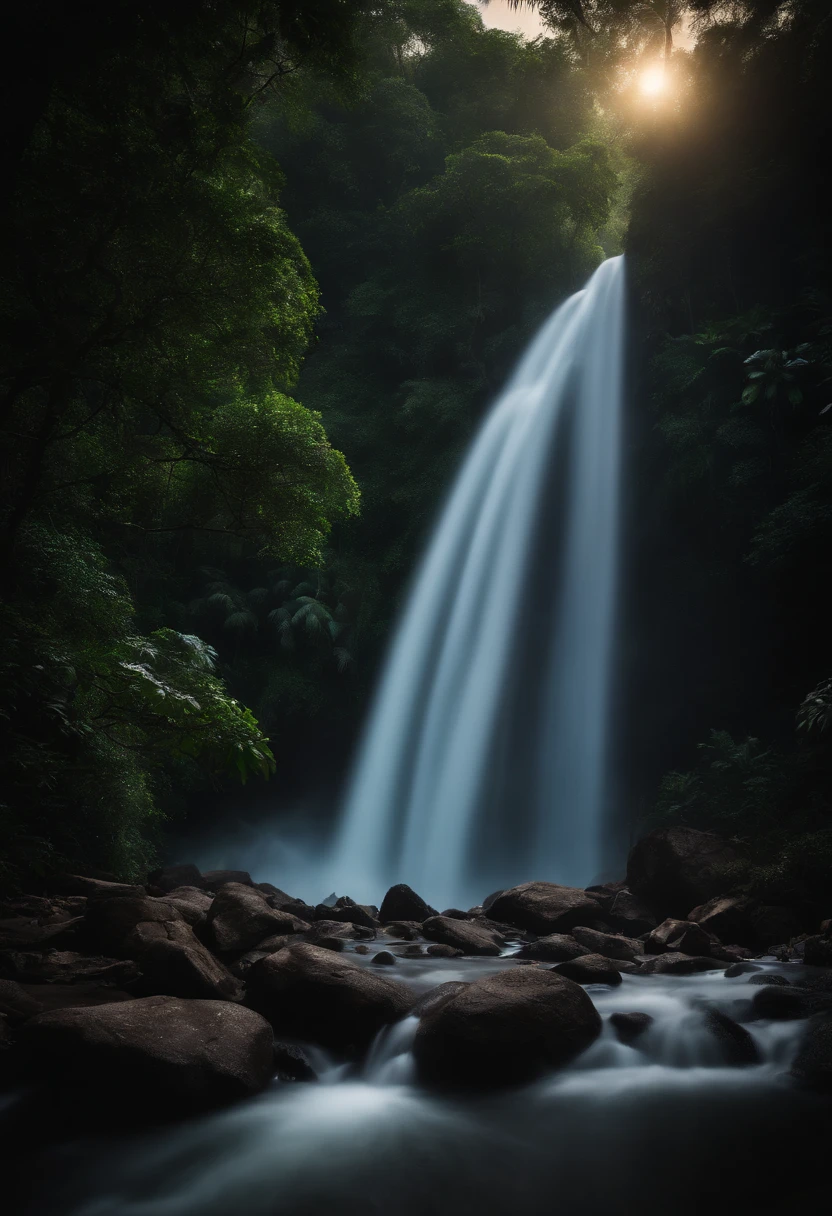 a large waterfall in dense tropical forest on a full moonlit night