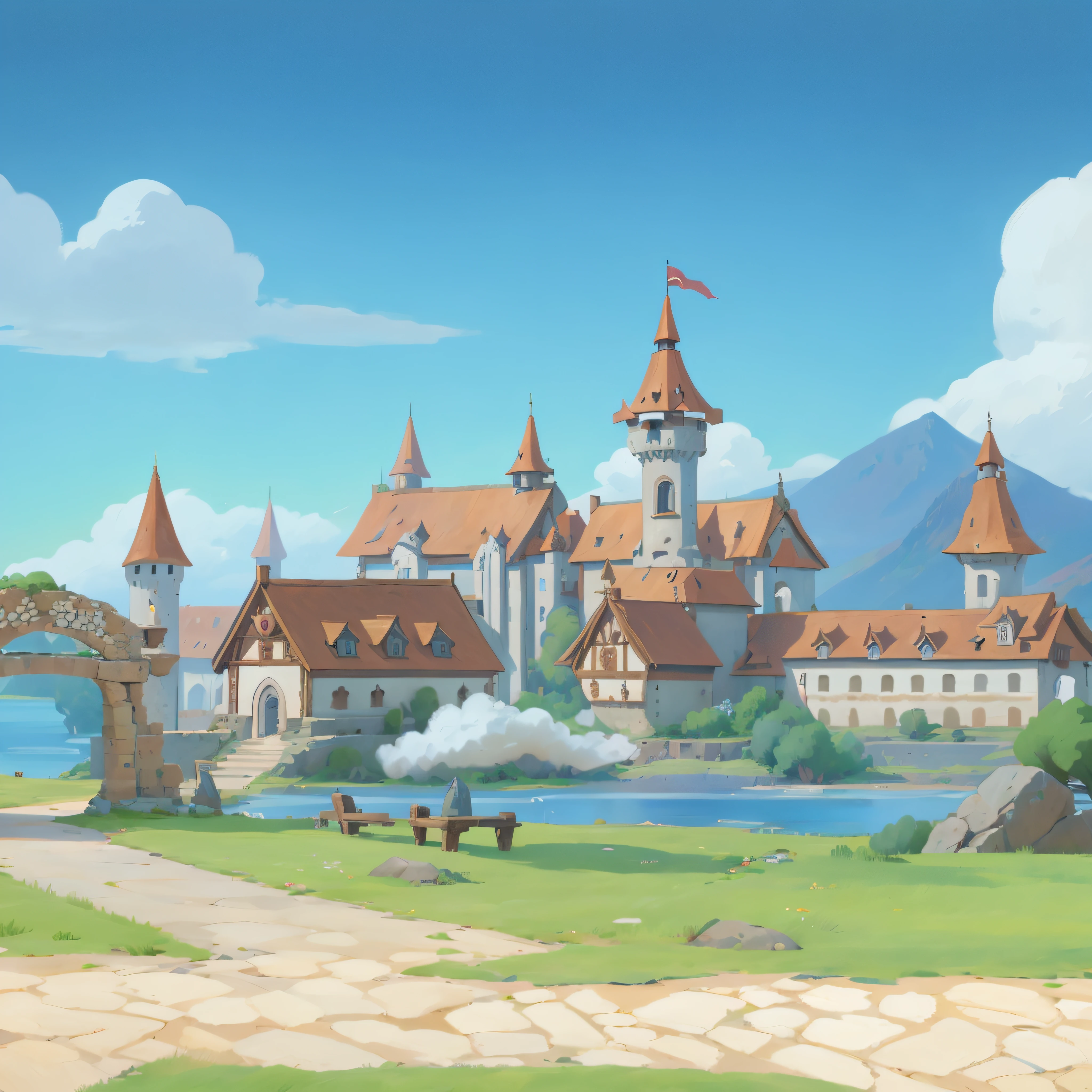 Cartoon illustration of castle with lake and bridge, Castle background, town background, town center background, palace background, renaissance port city background, medieval city background, Medieval Castle Background, arte de fundo, Mobile game background, distant village background, fairy tale style background, rpg background, tavern background, royal garden background, background fortress, town in the background, background artwork